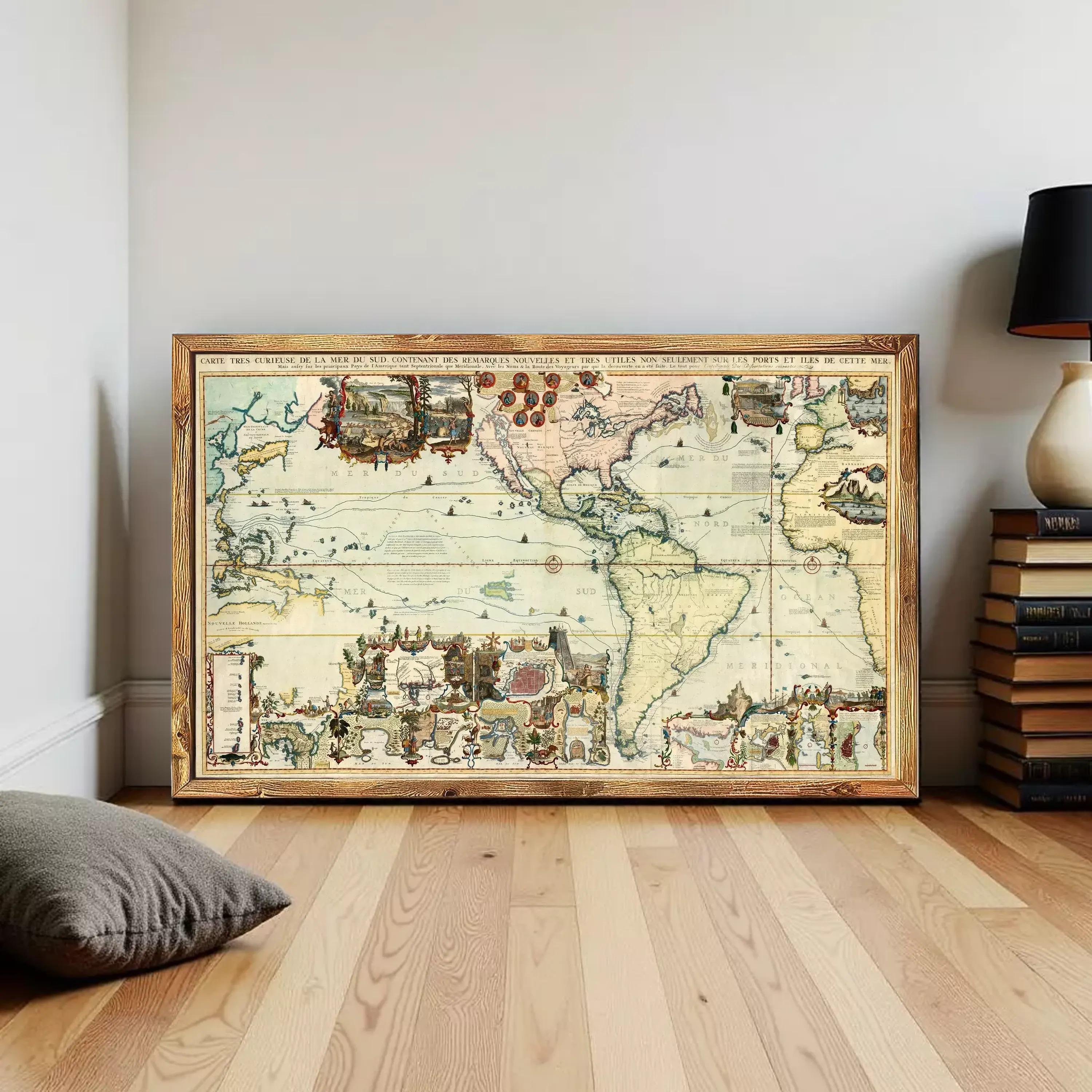 The image is a framed vintage map of the world, depicting various countries and regions with intricate details and illustrations.