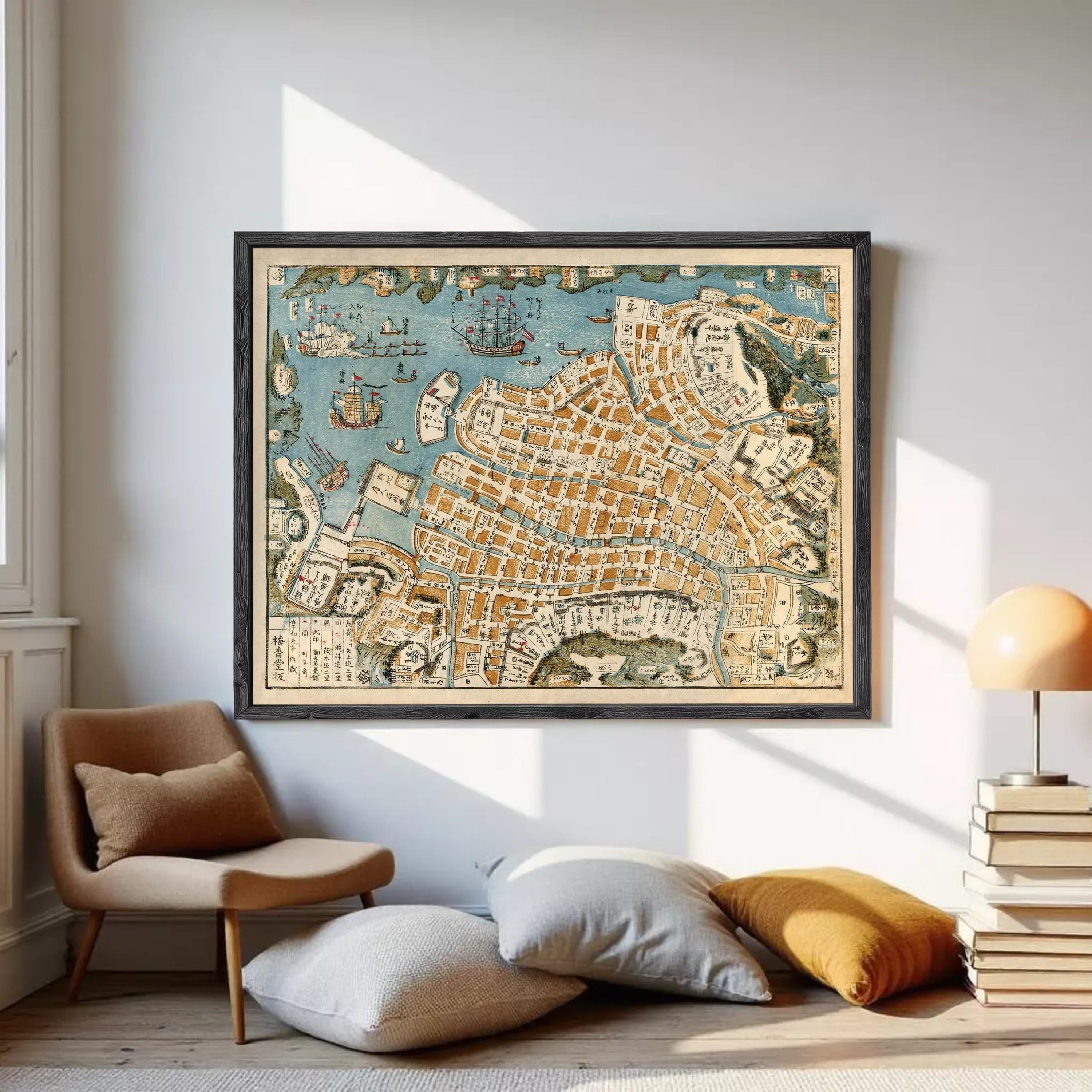 The image is a framed vintage map of a city, depicting various landmarks and streets.