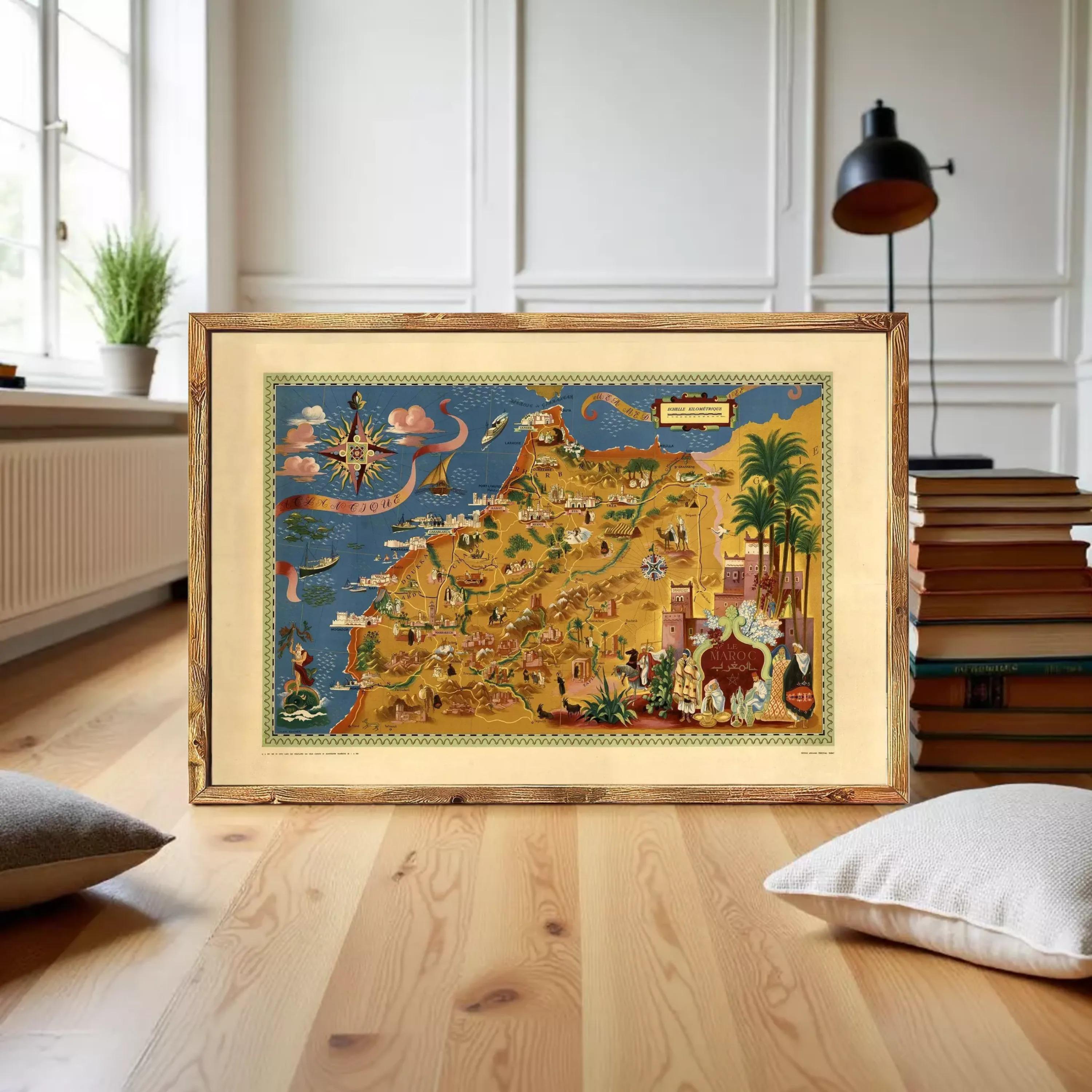 a large, colorful map of a region, possibly a country or region, displayed in a wooden frame on a wooden floor.