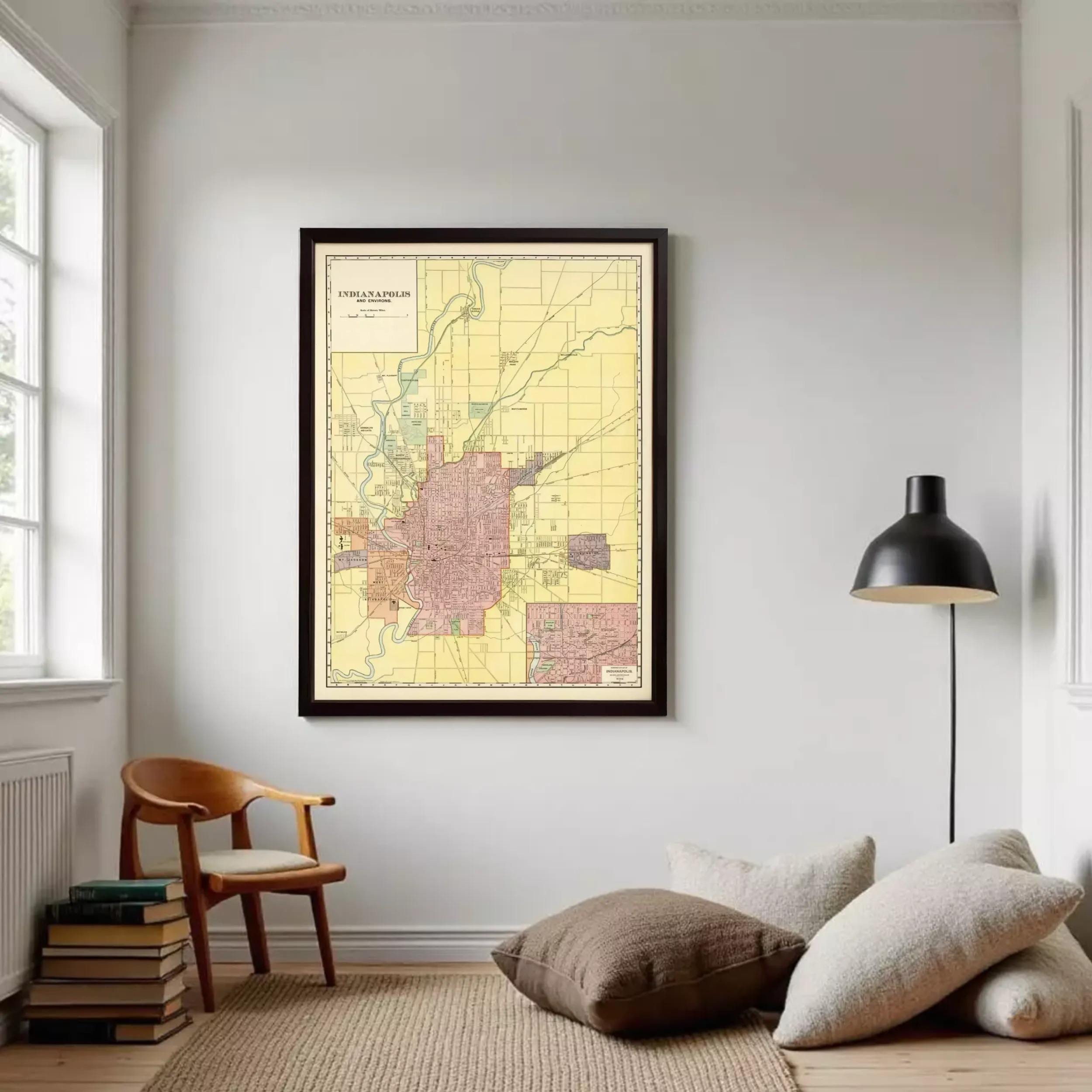 The image is a framed map of Indianapolis, Indiana, showing the city's streets and surrounding areas.