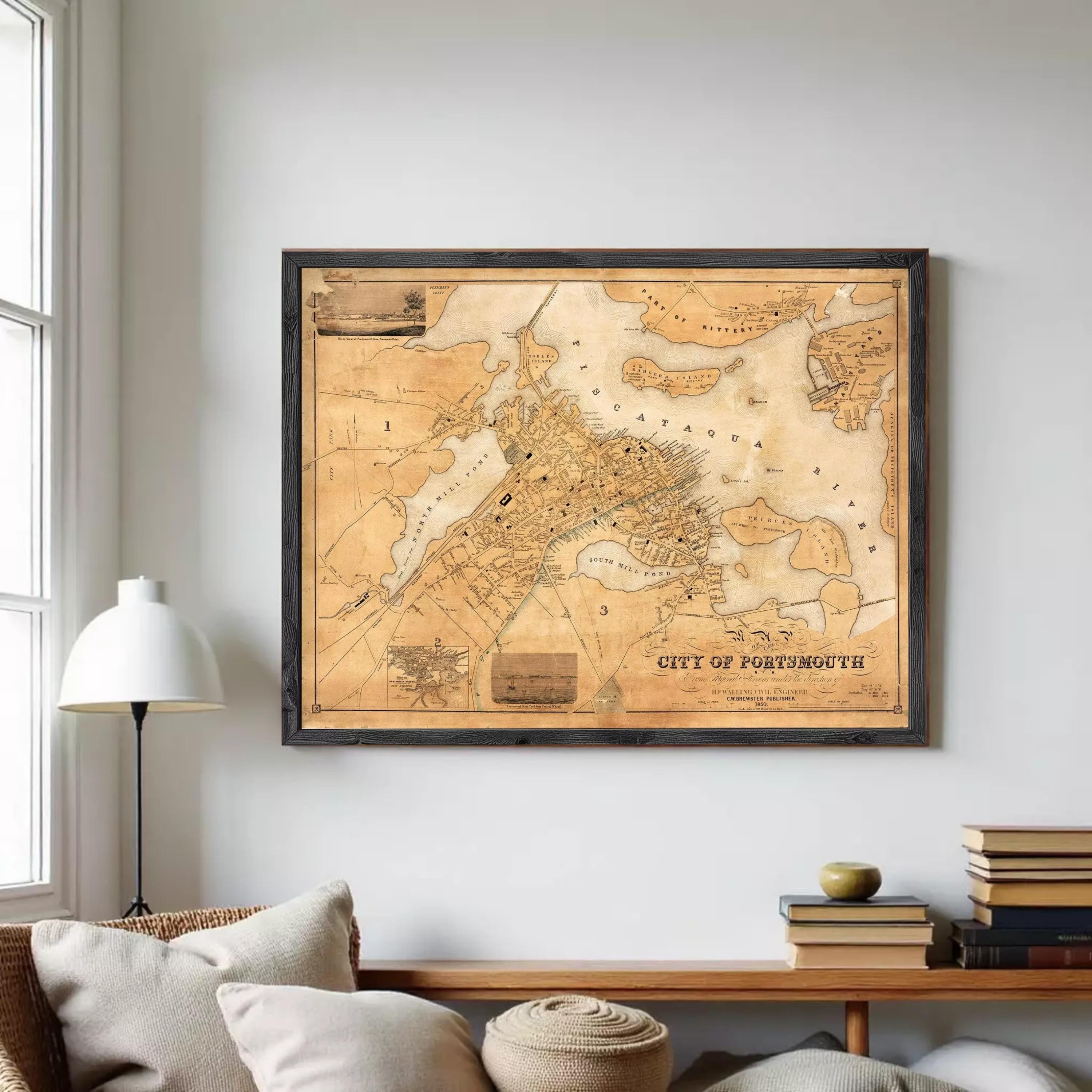 The image is a framed antique map of the city of Portsmouth, Massachusetts, dating back to the early 19th century.
