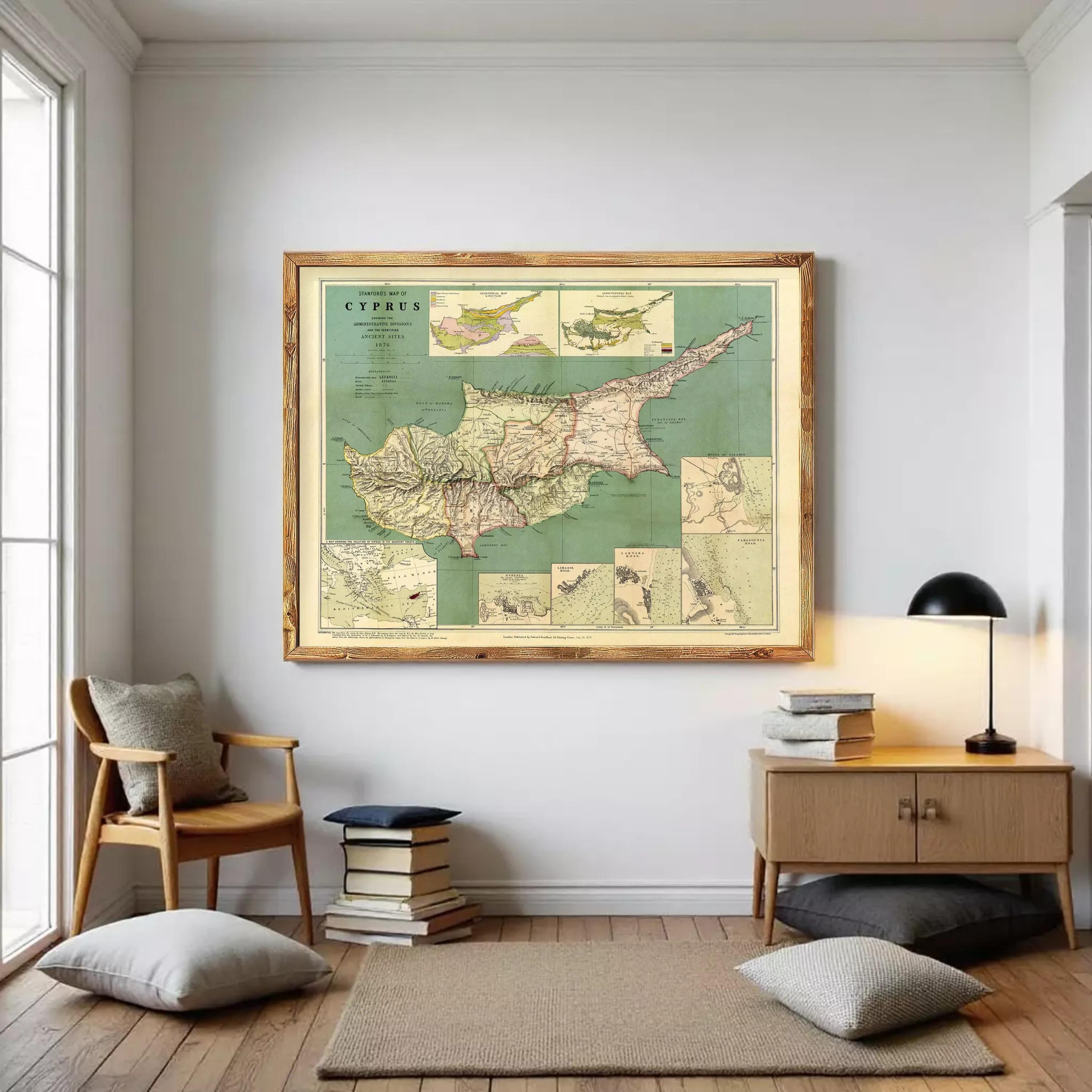 The image is a framed vintage map of Cyprus, depicting the country's geographical layout and surrounding areas.