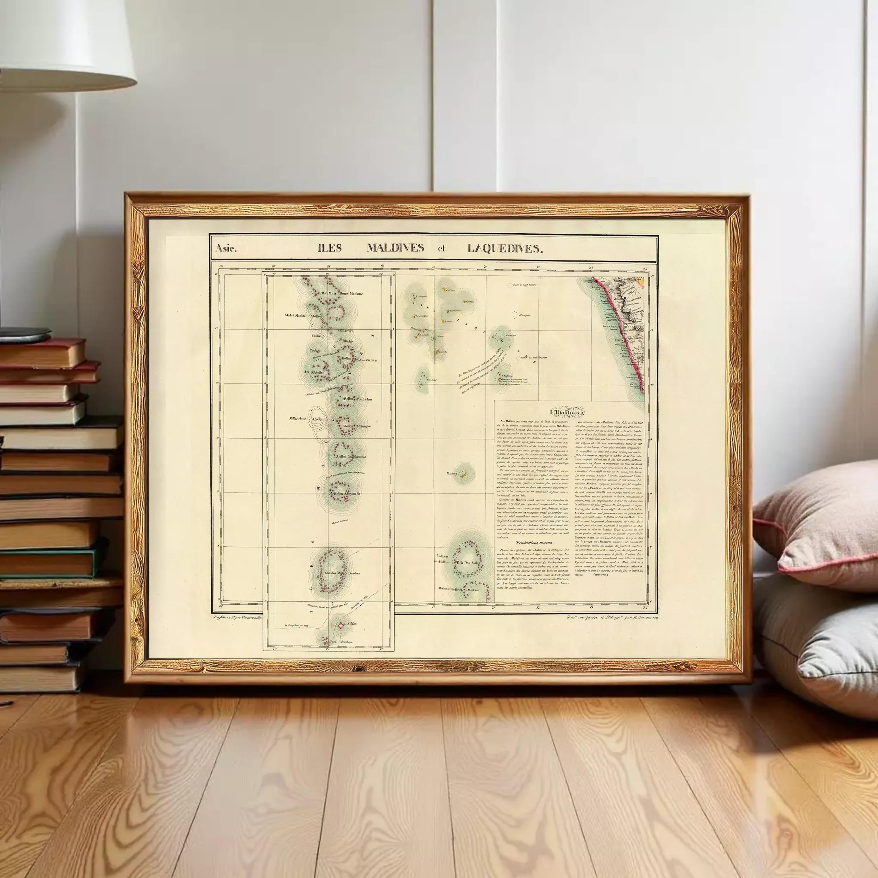 The image is a framed historical map of the Maldives, showing the Maldives islands and surrounding areas.