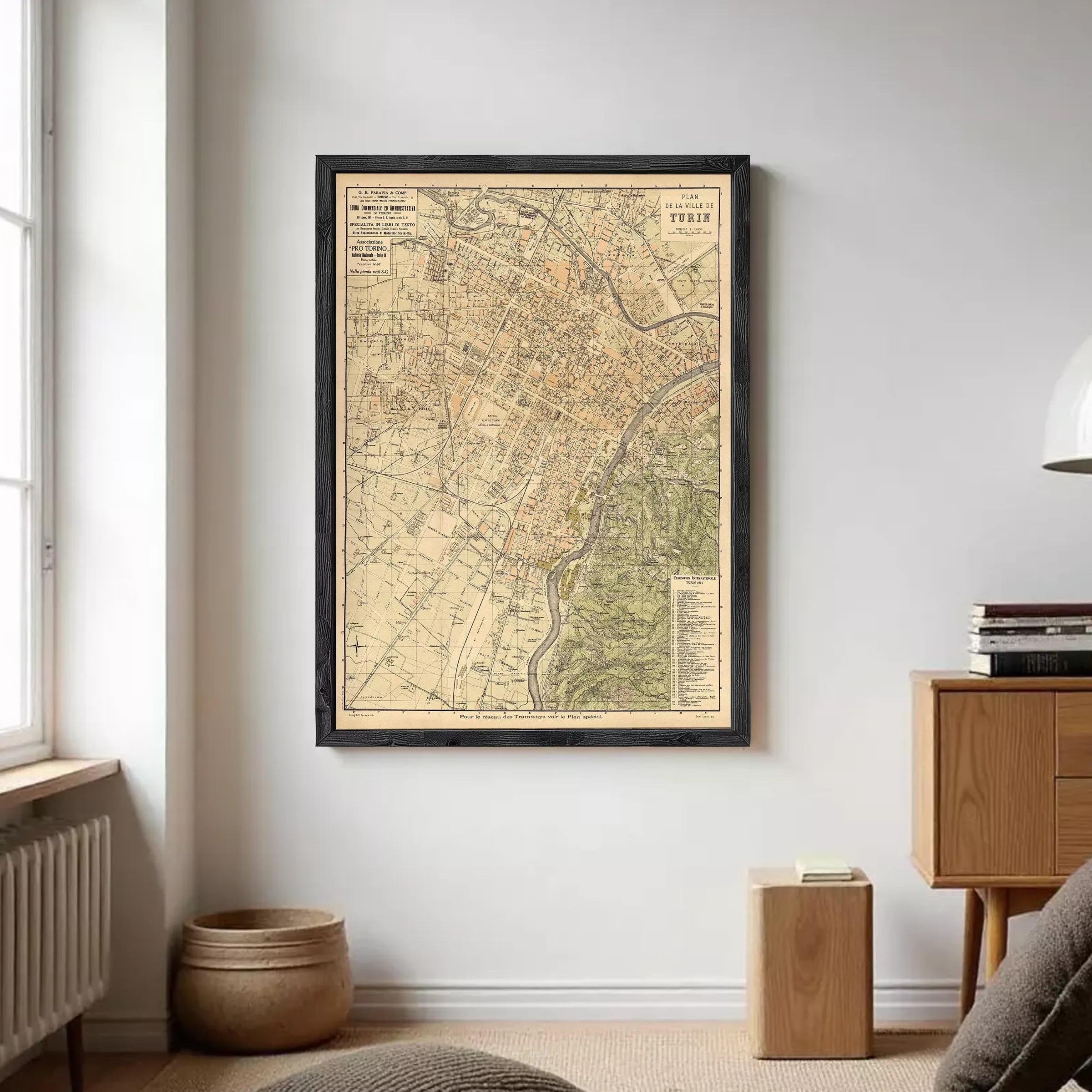 The image is a framed vintage map of the city of Turin, Italy, depicting the layout of the city and surrounding areas.