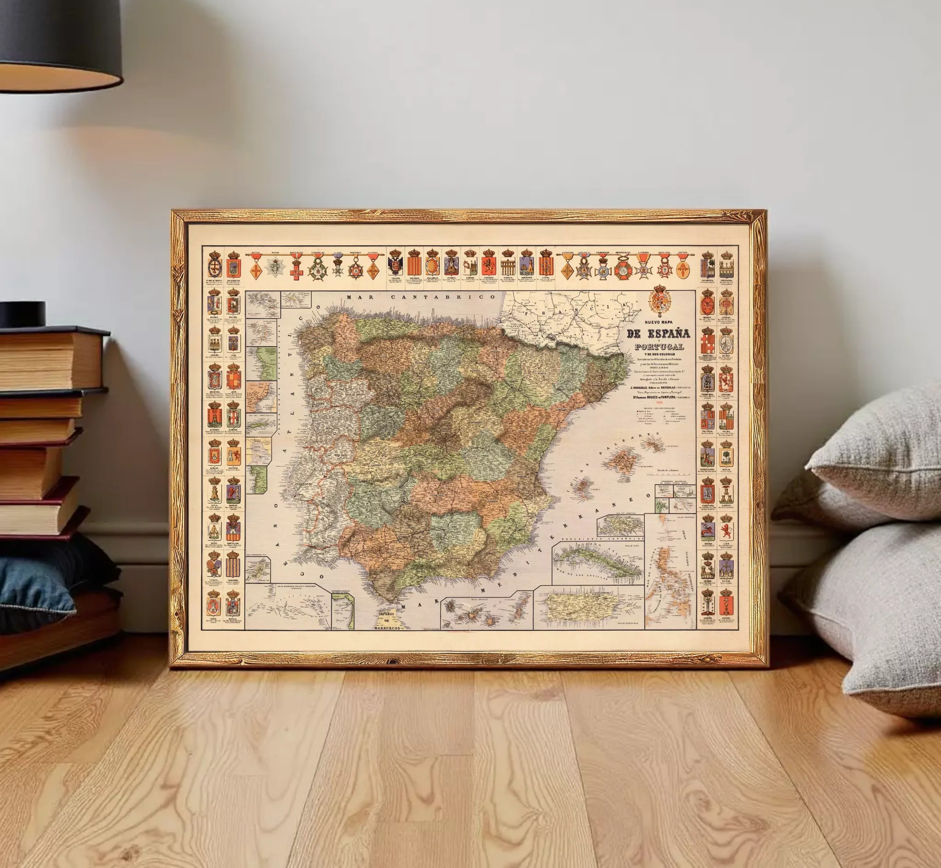 The image is a framed map of Spain, with various symbols and labels indicating different regions and zones within the country.
