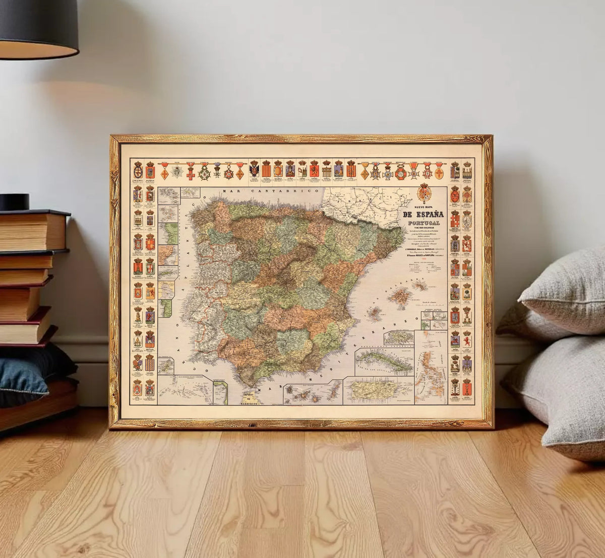 The image is a framed map of Spain, with various symbols and labels indicating different regions and zones within the country.