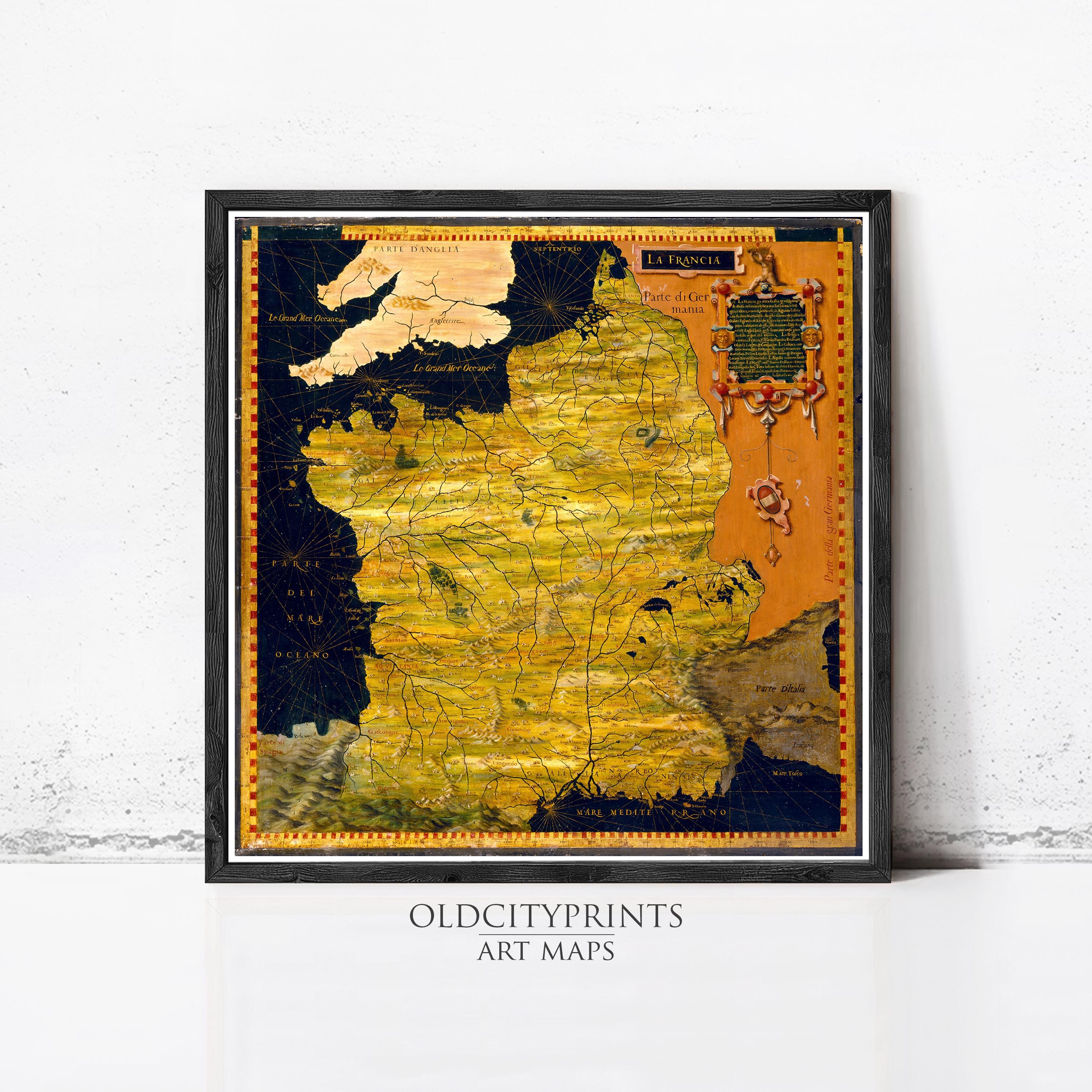 The image is a framed art print depicting a detailed map of France, with various regions and landmarks clearly marked.
