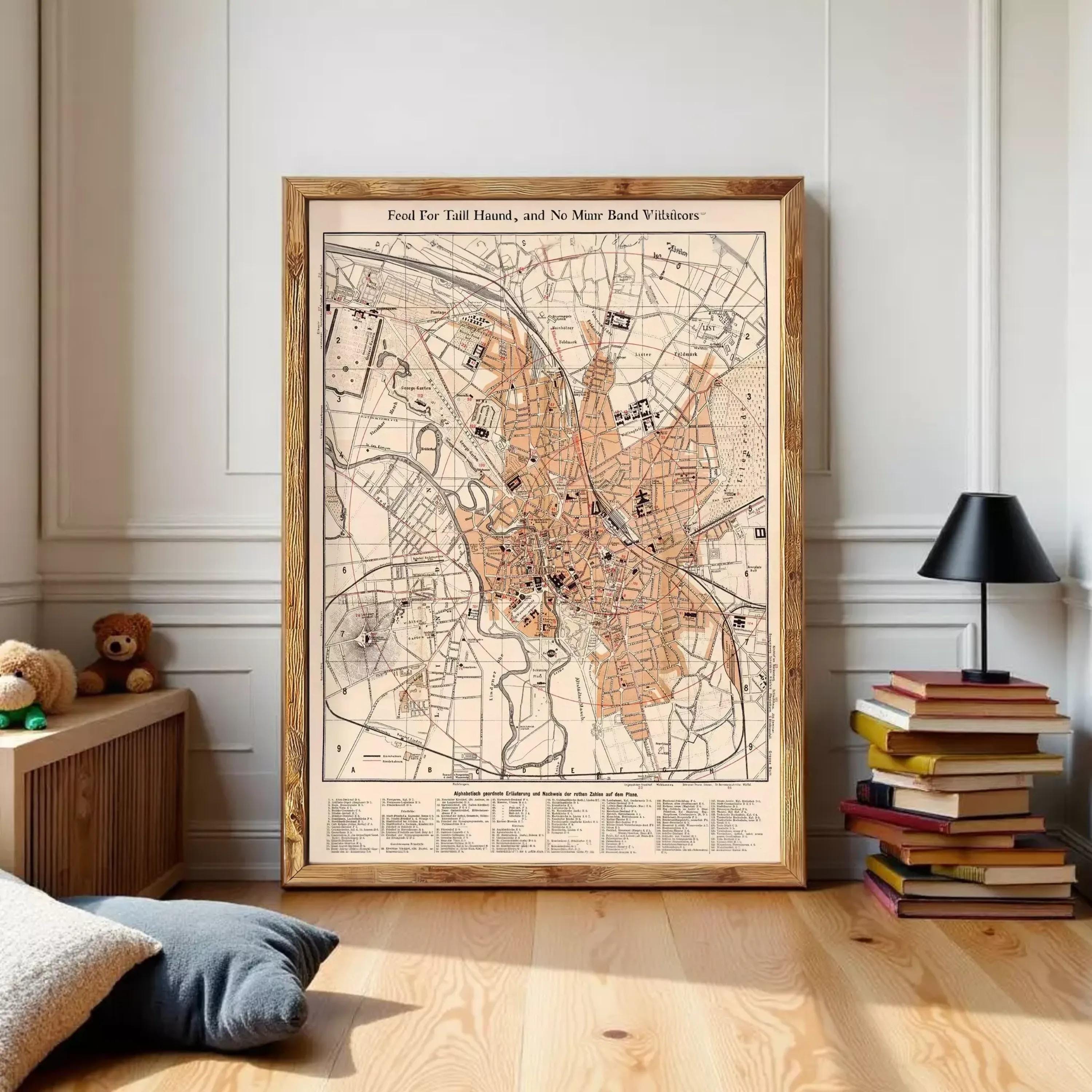a large framed map of a city, with various streets and landmarks depicted. The map is placed on a wooden floor in a room with a bookshelf and a lamp.