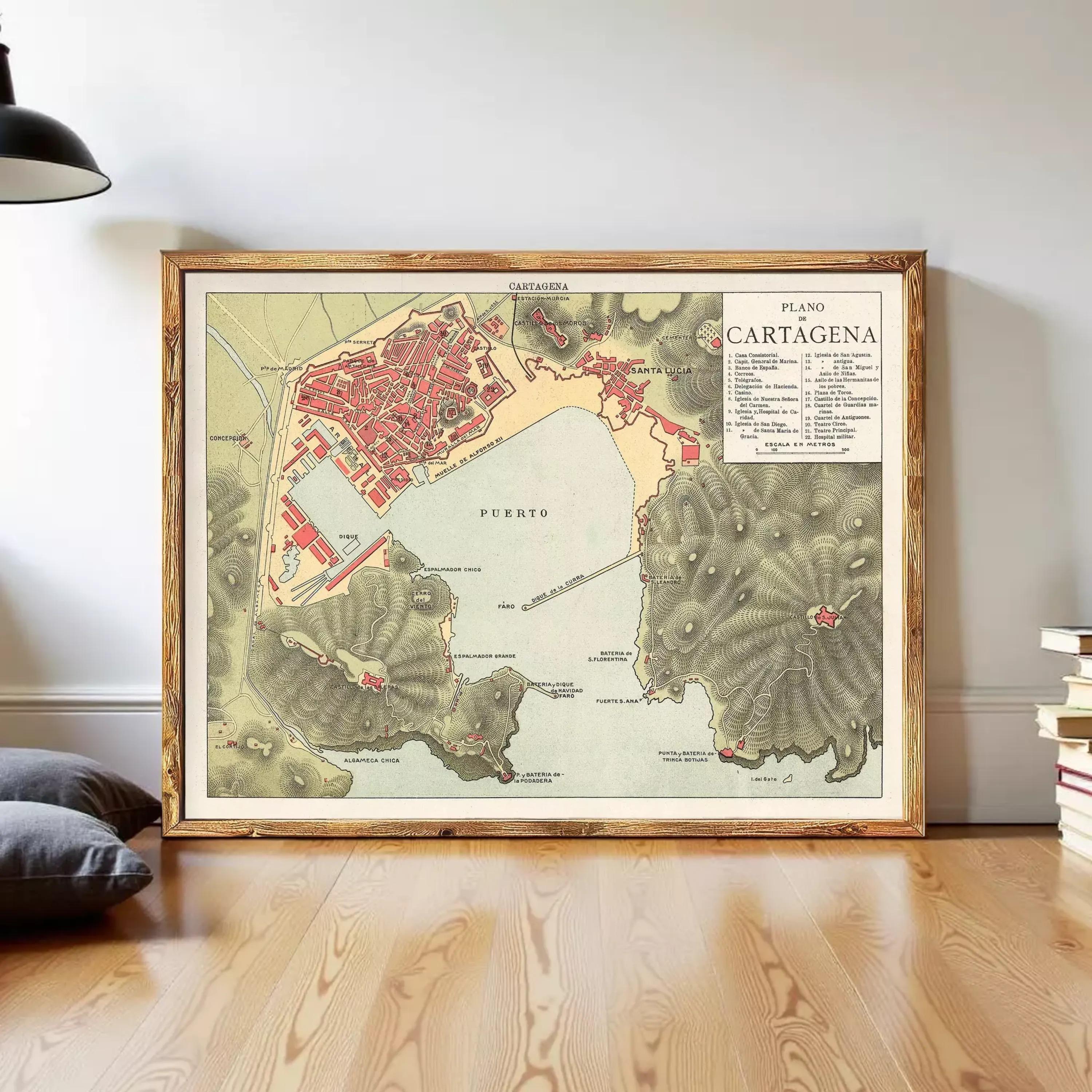 The image is a framed vintage map of Cartagena, Colombia, showing the city's layout and surrounding areas.