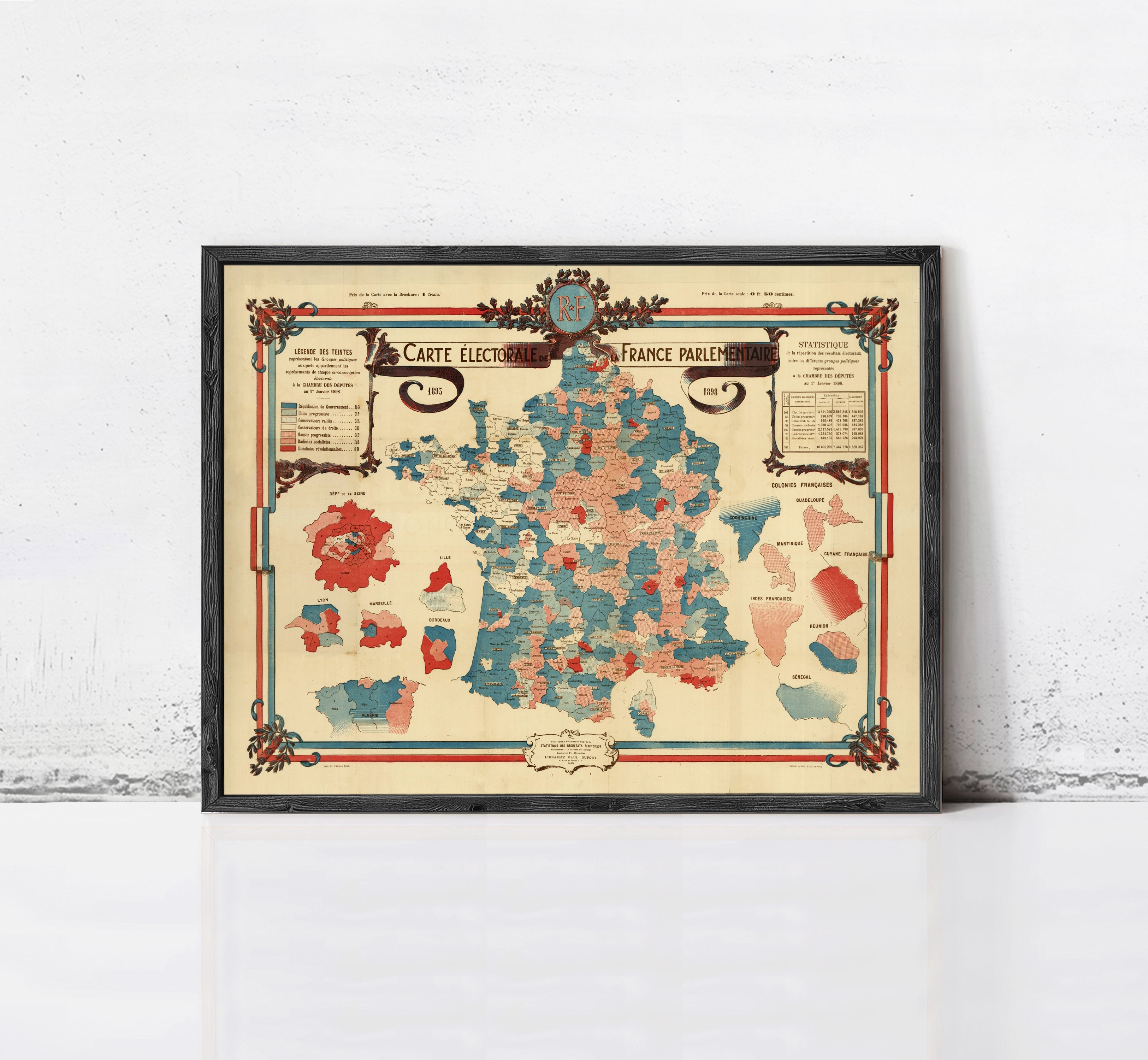 The image is a framed map of France, depicting the country's political boundaries and regions.