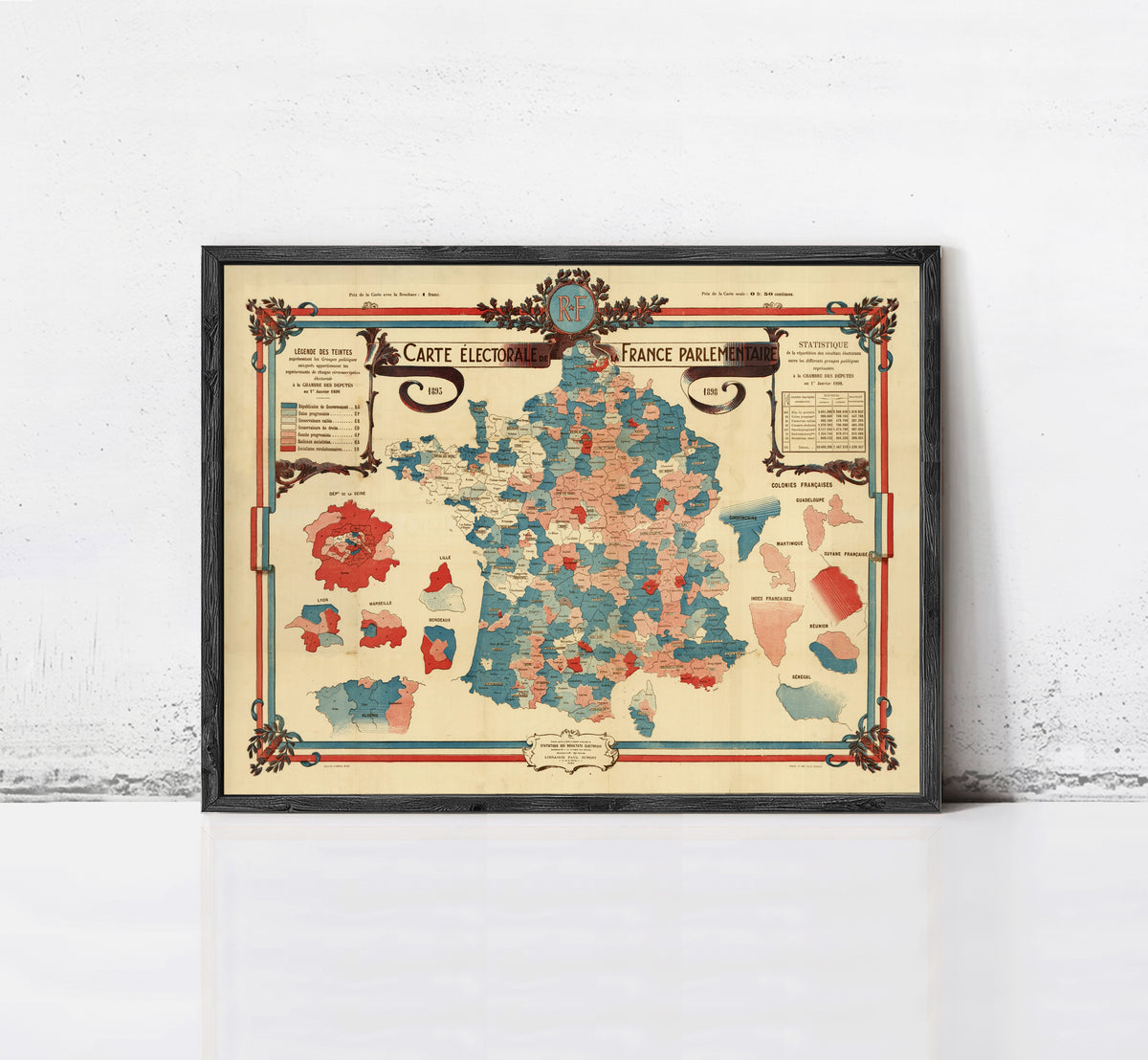 The image is a framed map of France, depicting the country's political boundaries and regions.