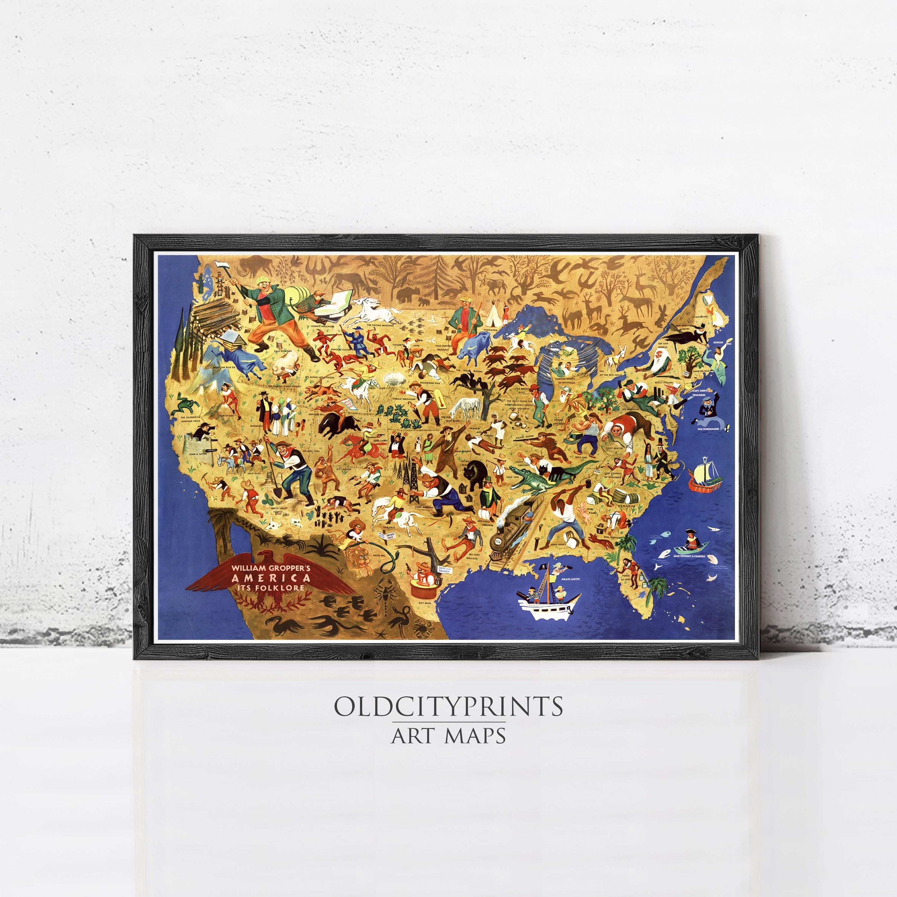The image is a framed art map of the United States, depicting various landmarks, people, and animals in different colors and styles.