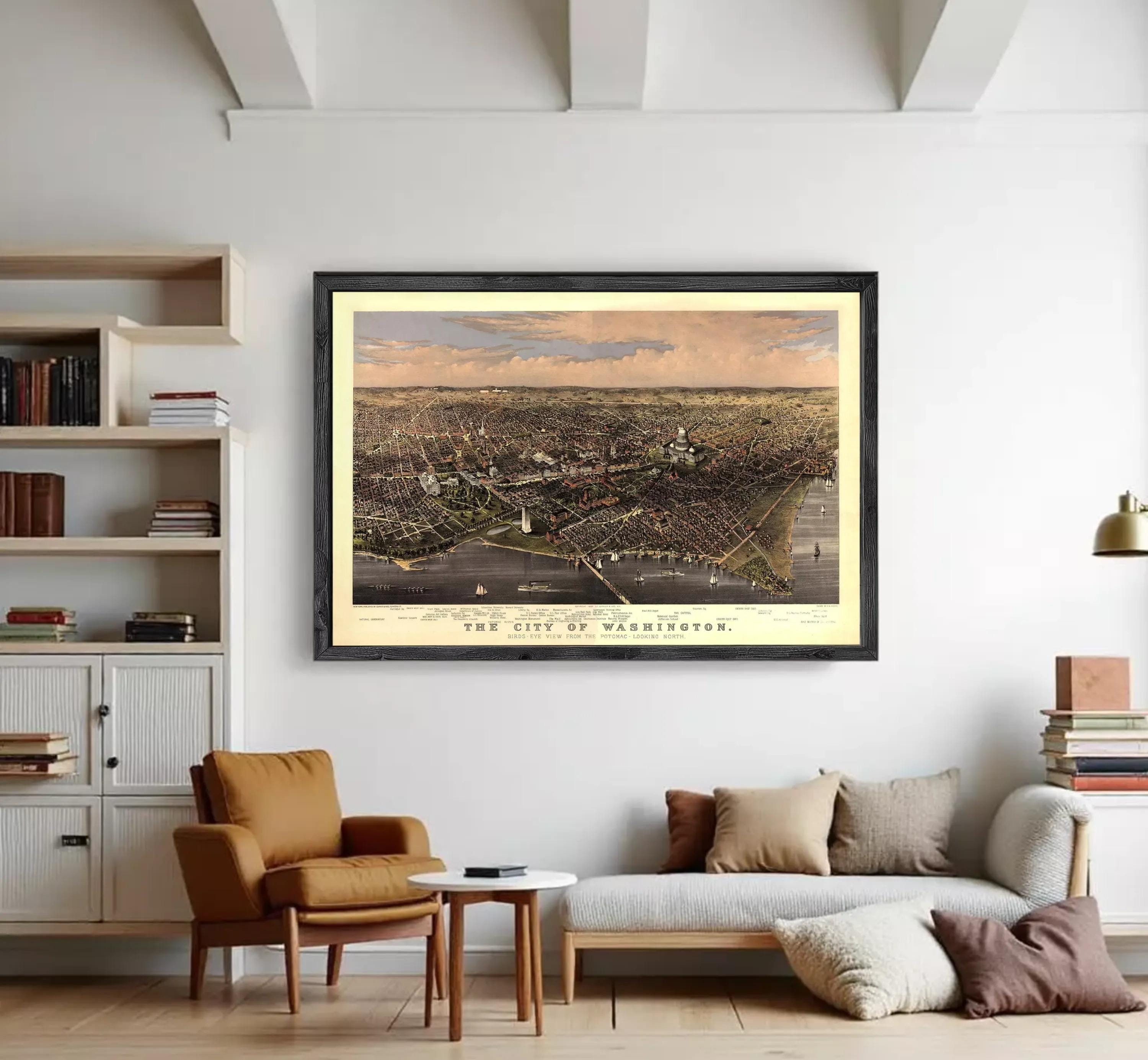 The image is a framed vintage map of Washington, D.C., depicting the city's layout and surrounding areas.