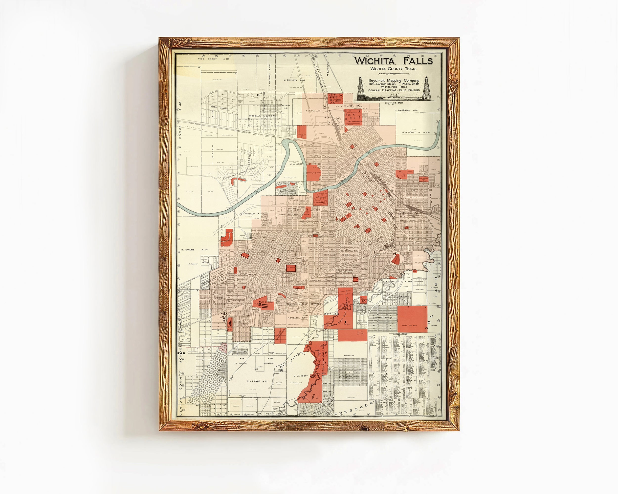 The image is a framed map of the city of Wichita Falls, Texas, showing the layout of the city and surrounding areas.