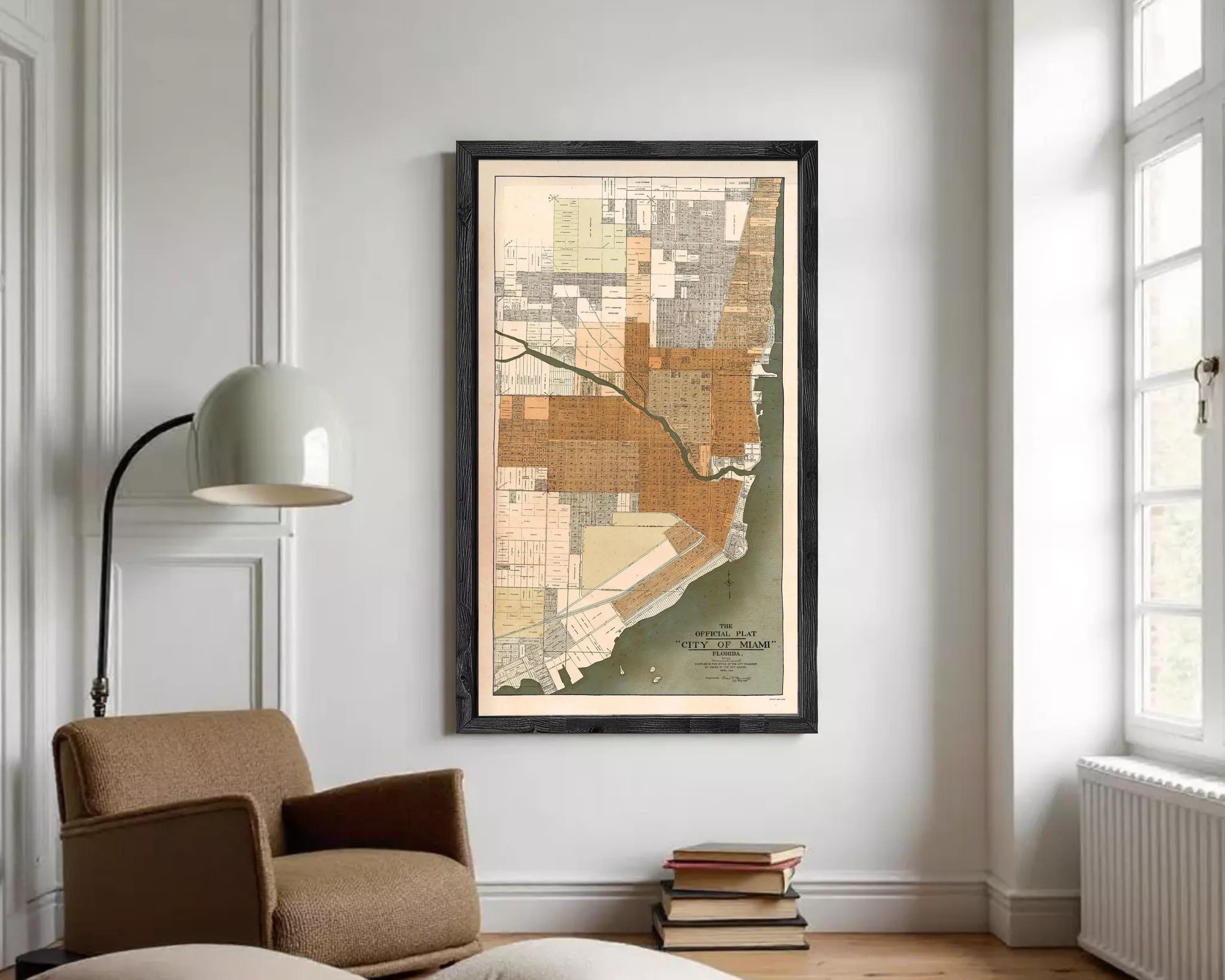 The image is a framed map of Miami, Florida, showing the city's layout and surrounding areas.