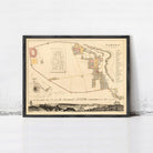 The image is a framed historical map of the city of Pompeii, depicting the city's layout and surrounding areas.