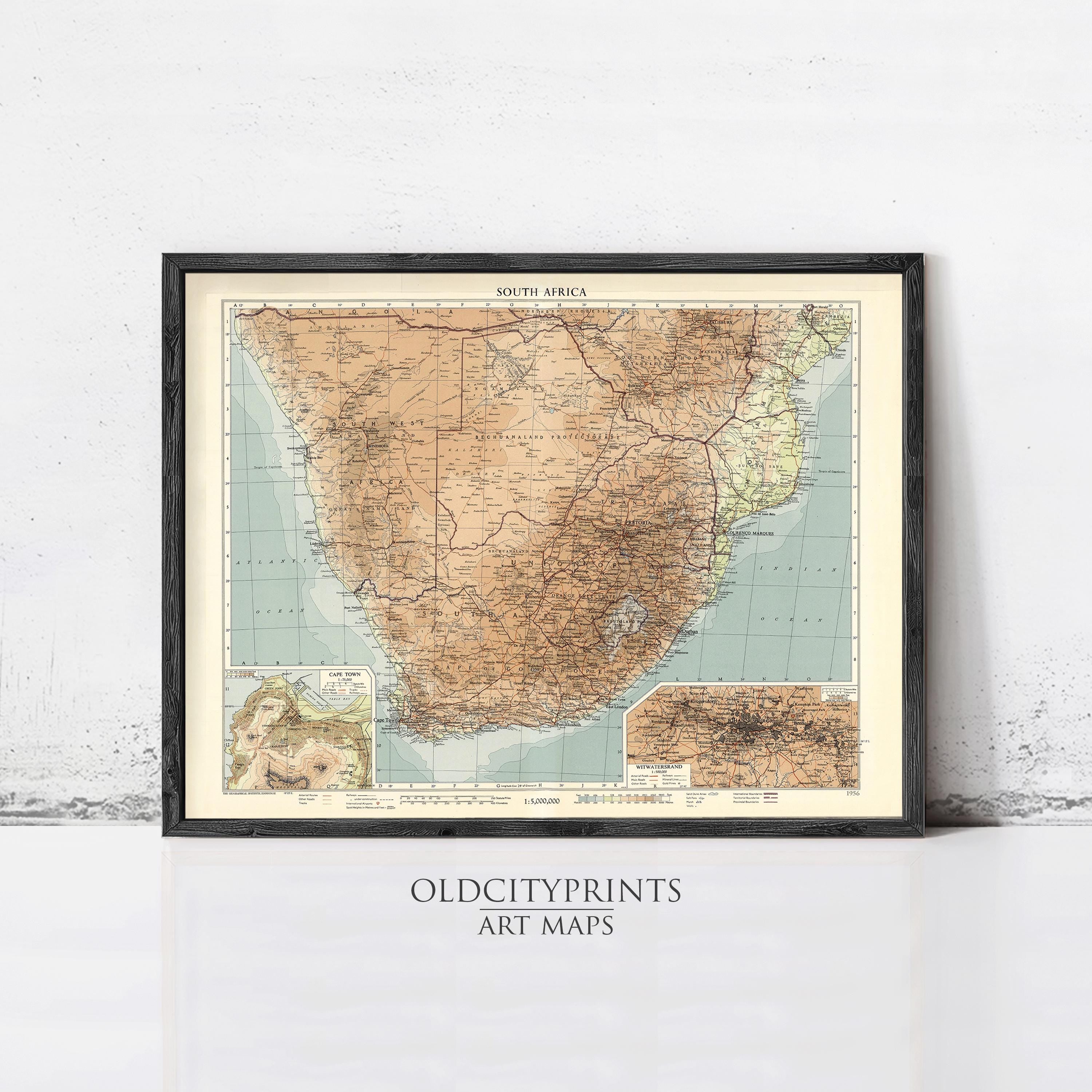 The image is a framed vintage map of South Africa, depicting the country's geographical layout and surrounding areas.