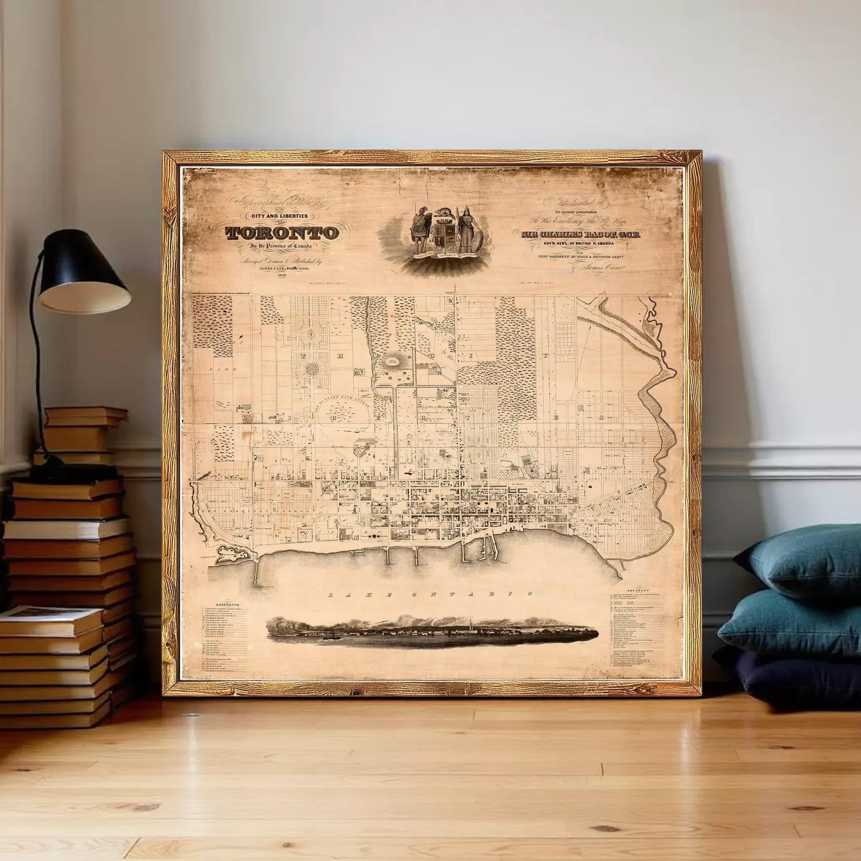 The image is a vintage map of Toronto, Canada, featuring a detailed illustration of the city's streets and landmarks.