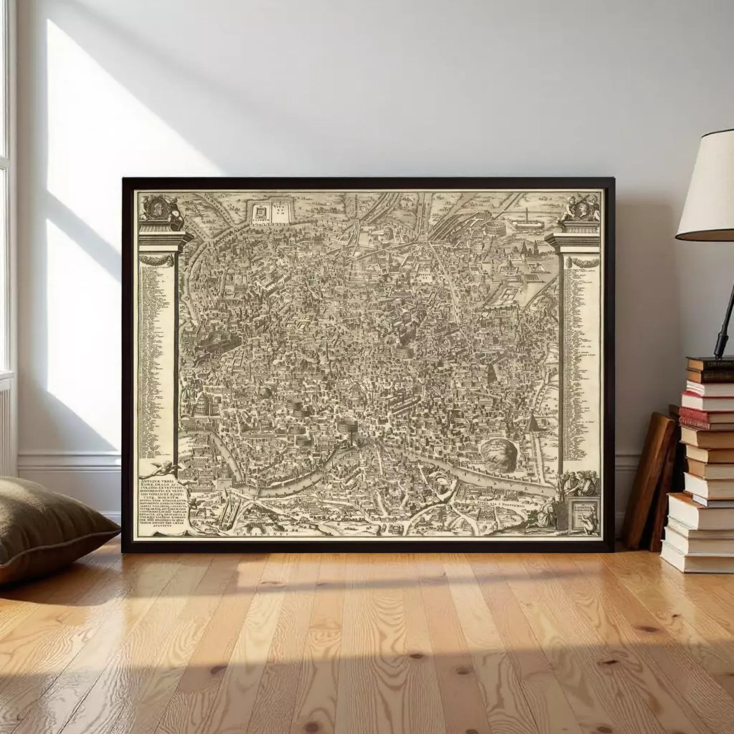 A large framed map of a city or region, with intricate details and labels, displayed on a wooden floor in a room with books and a lamp.