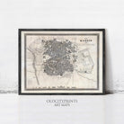 The image is a framed vintage map of Madrid, Spain, depicting the city's layout and surrounding areas.