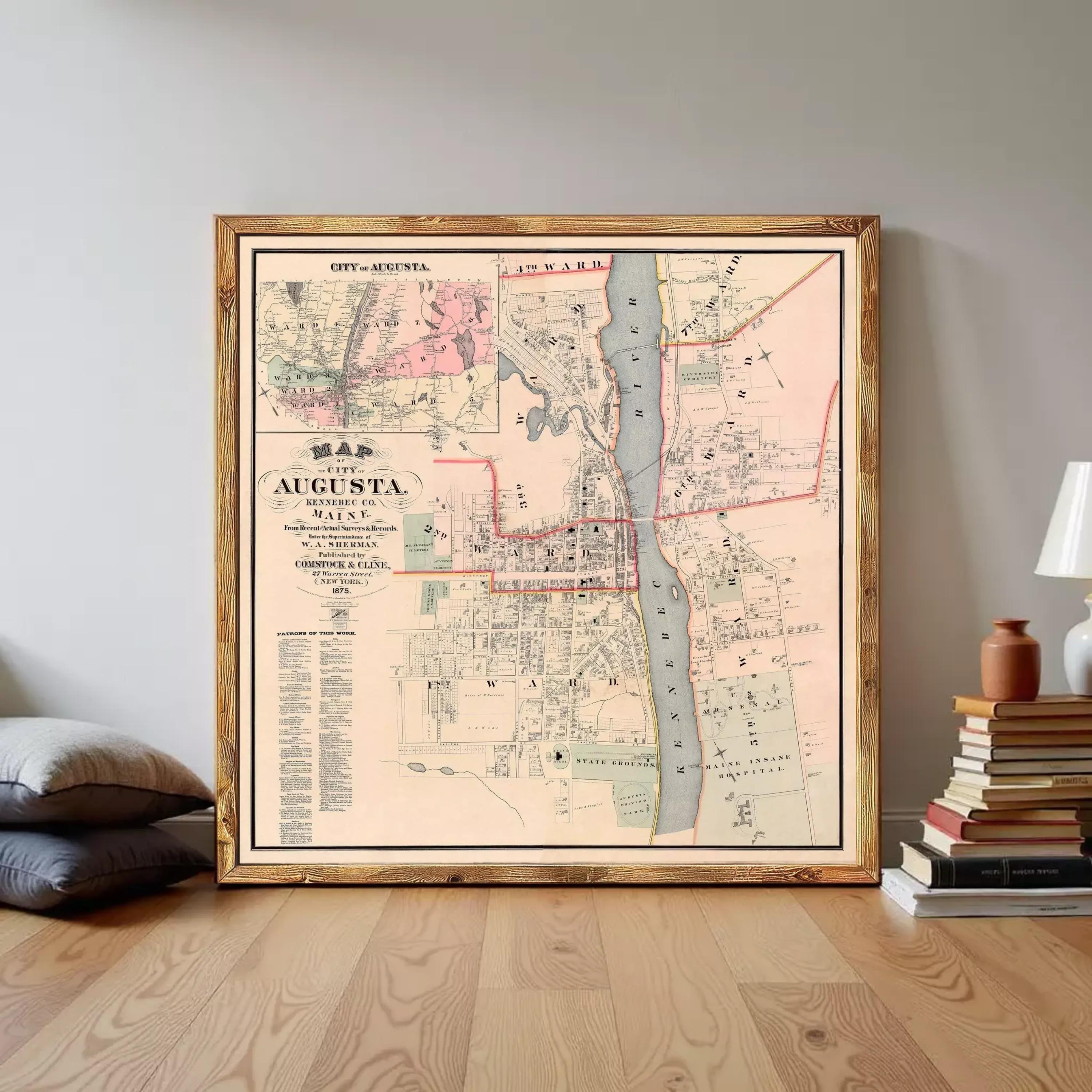 The image is a framed map of the city of Augusta, Maine, showing the layout of the city and surrounding areas.