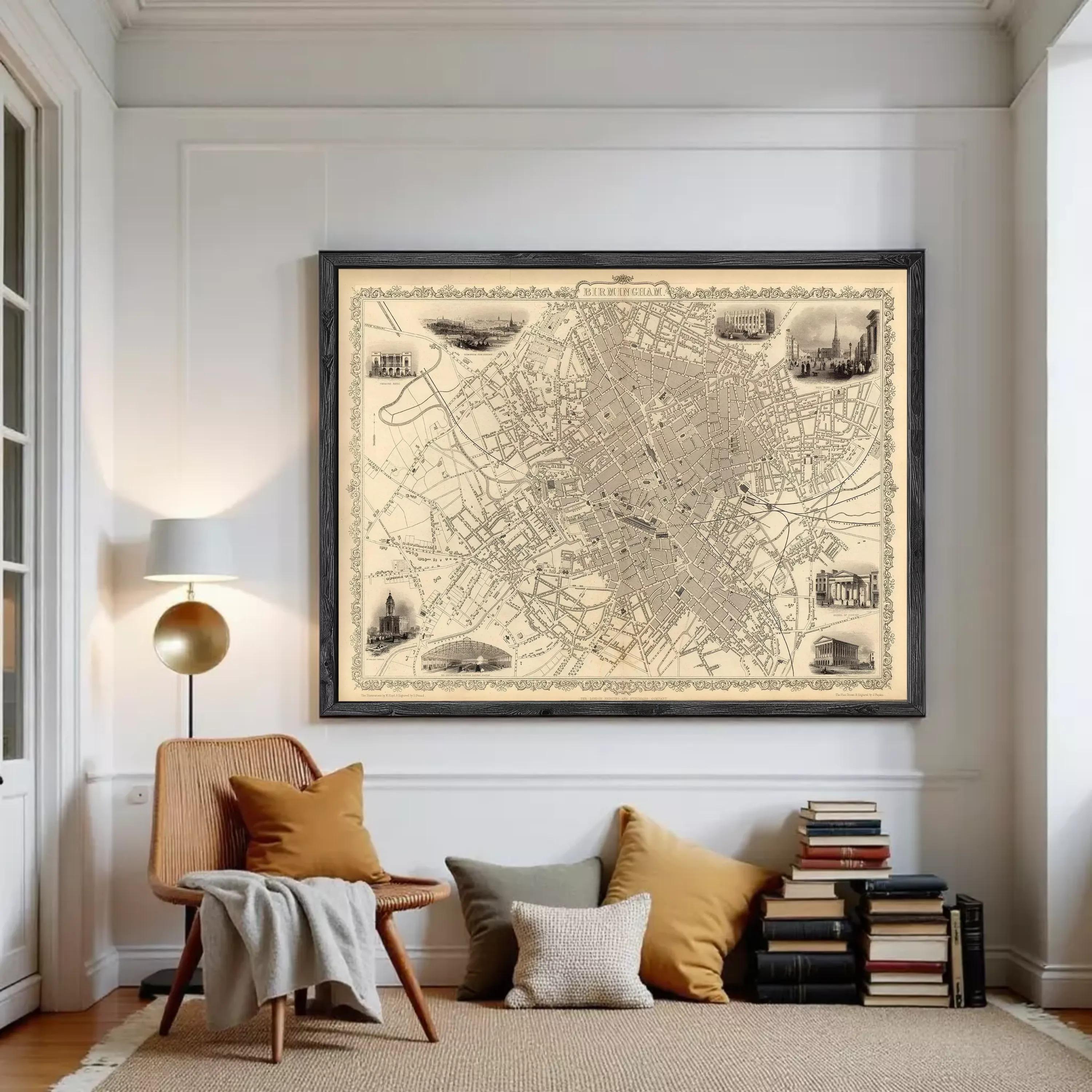 The image is a framed vintage map of a city, likely London, with various landmarks and streets depicted in black and white.