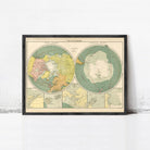 The image is a framed vintage map of the polar regions, depicting the Arctic and Antarctic regions.