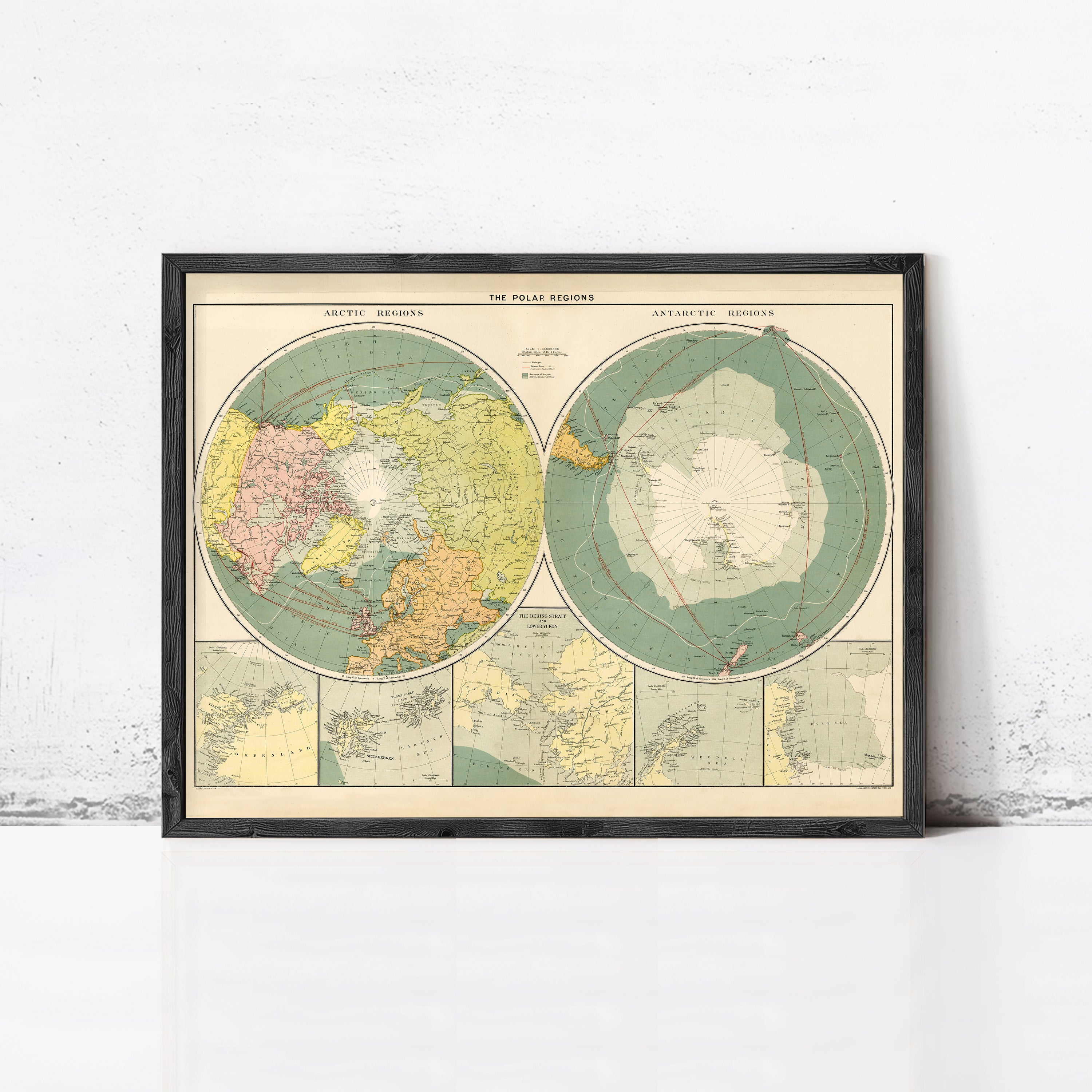The image is a framed vintage map of the polar regions, depicting the Arctic and Antarctic regions.