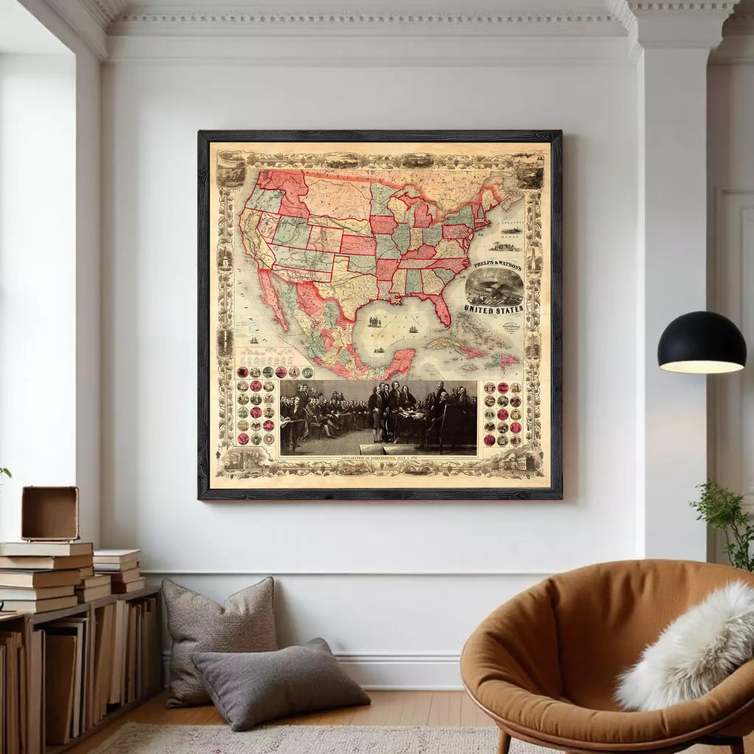 The image is a framed vintage map of the United States, with a black and white photograph of a group of people in the bottom right corner.