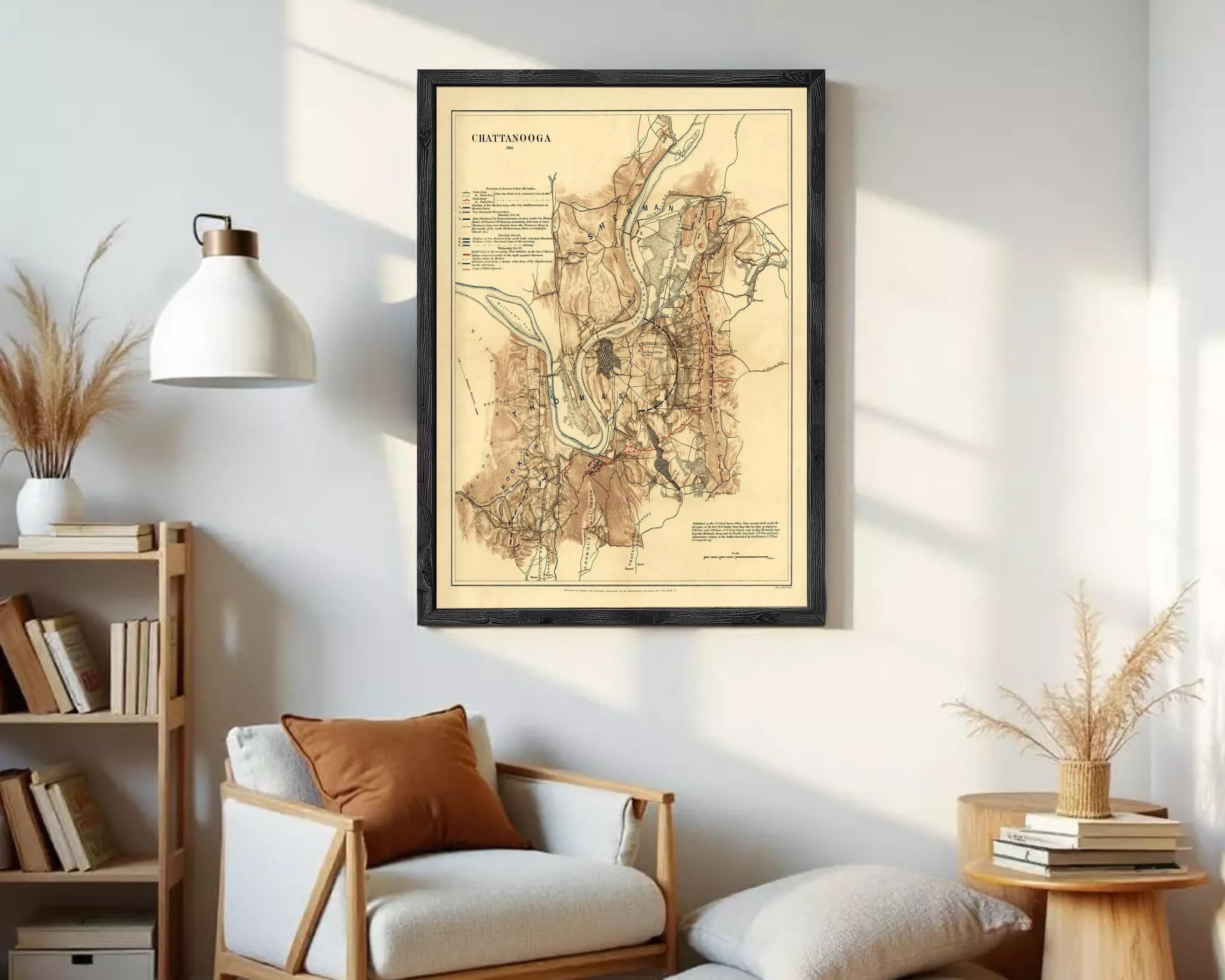 The image is a framed map of Chattanooga, Tennessee, depicting the city's layout and surrounding areas.
