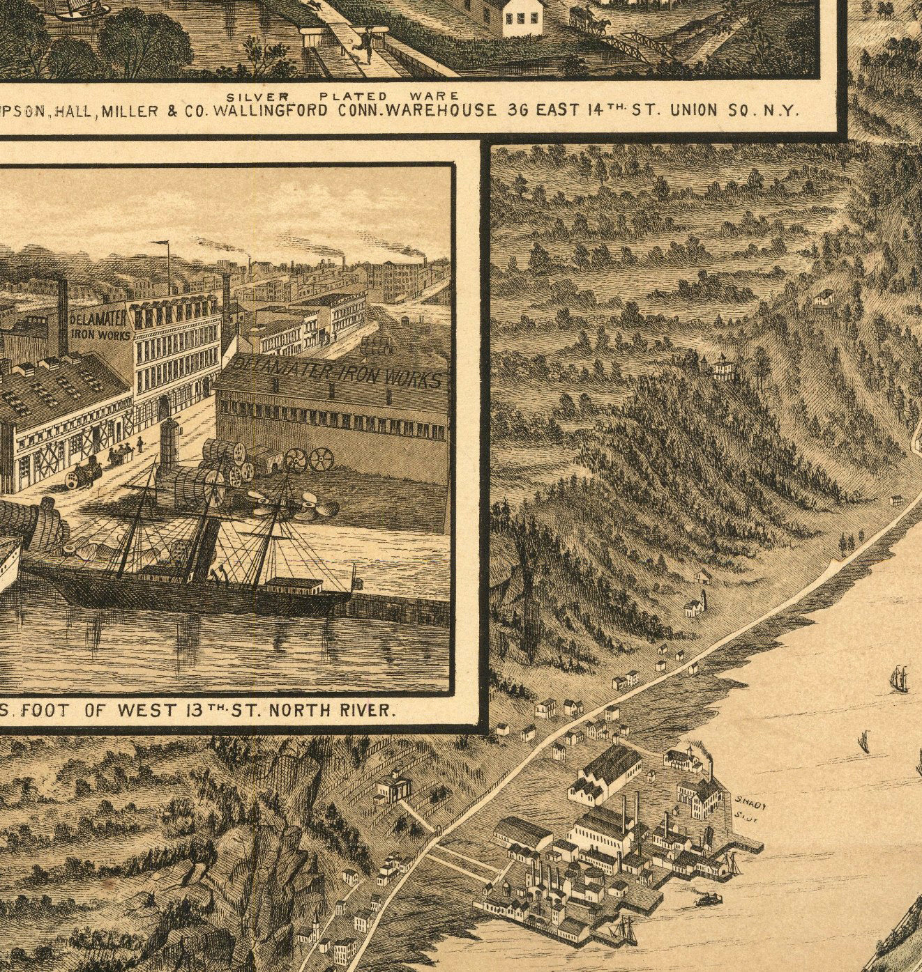 The image is a detailed black and white illustration depicting a cityscape with buildings, a river, and a ship.
