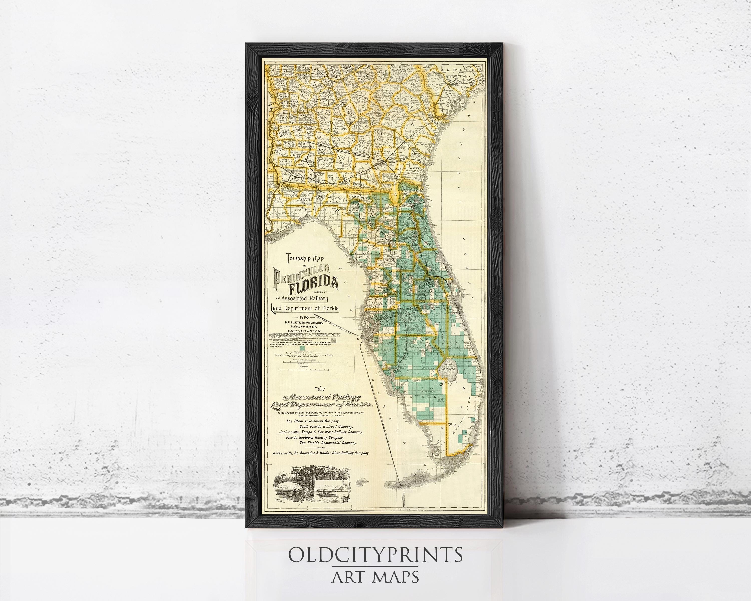 The image is a framed vintage map of Florida, depicting the state's geographical layout and boundaries.