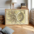 The image is a framed historical map of Dresden, Germany, depicting the city's layout and surrounding areas.