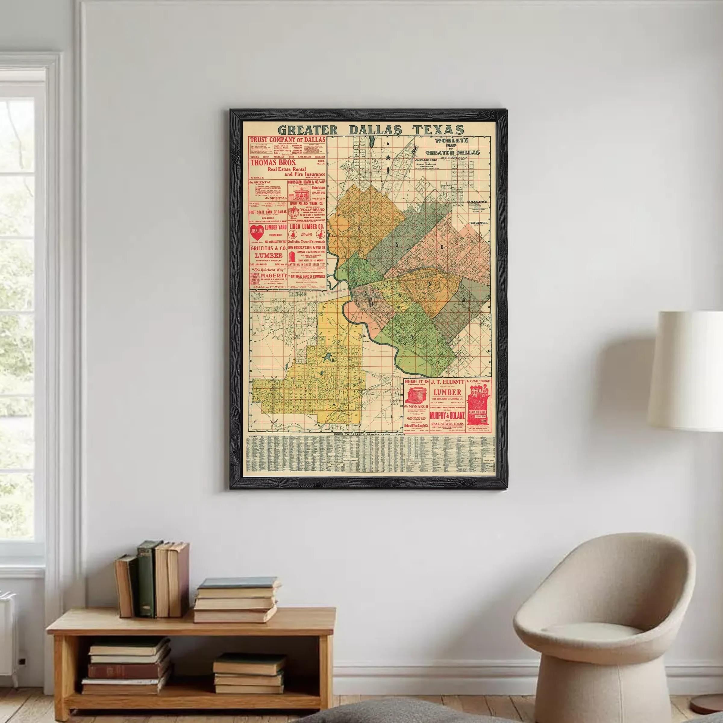 The image is a framed map of Greater Dallas, Texas, showing the city's boundaries and surrounding areas.