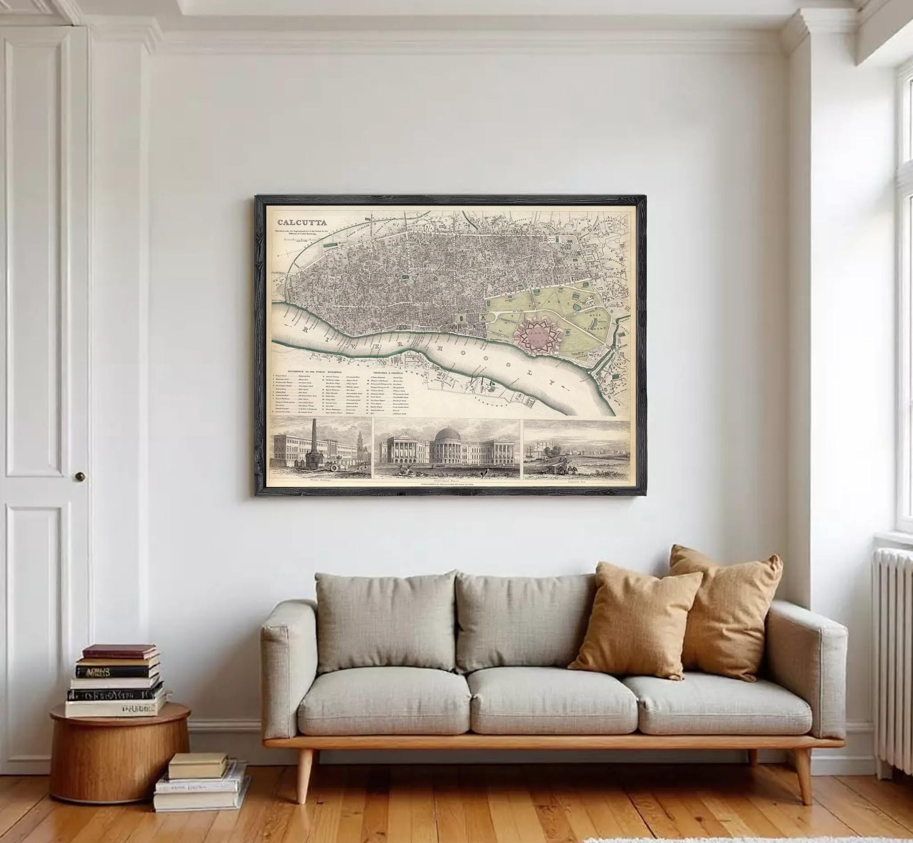 The image is a framed vintage map of Calcutta, India, depicting the city's layout and surrounding areas.