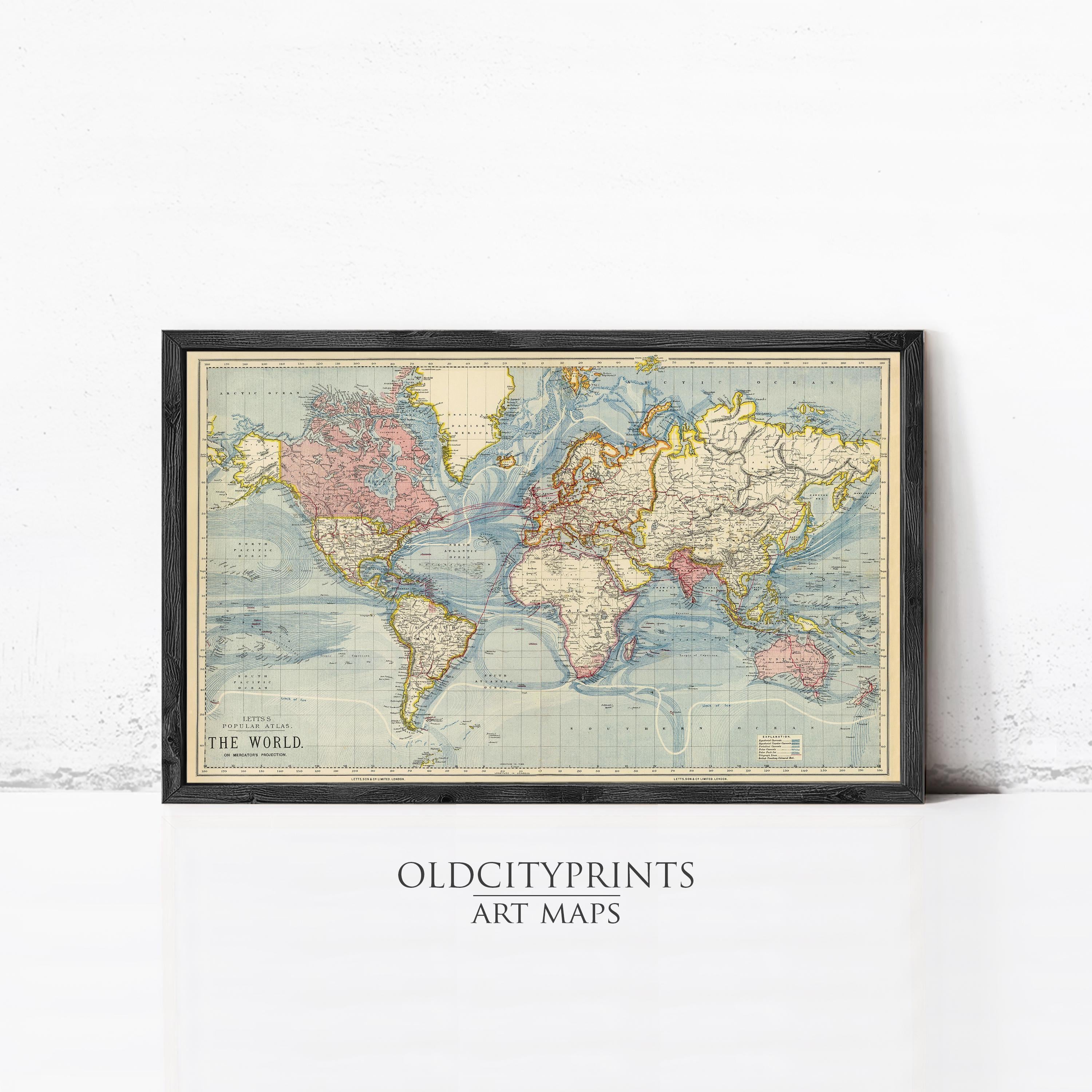 Vintage World Map 1883 Mercator projection Vintage Map | Vintage