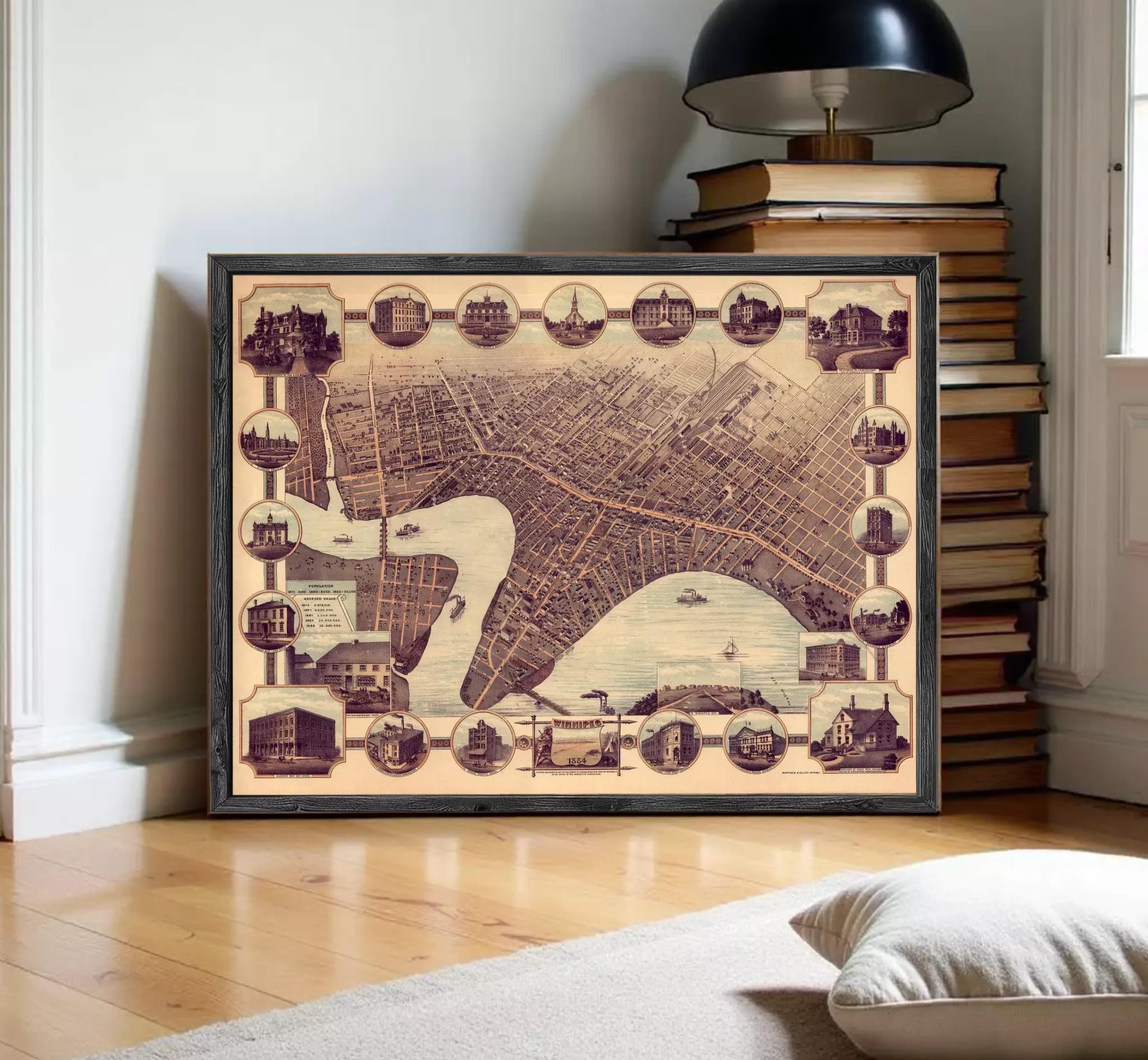 The image is a framed vintage map of a city, featuring various landmarks and buildings depicted in a collage-like arrangement.