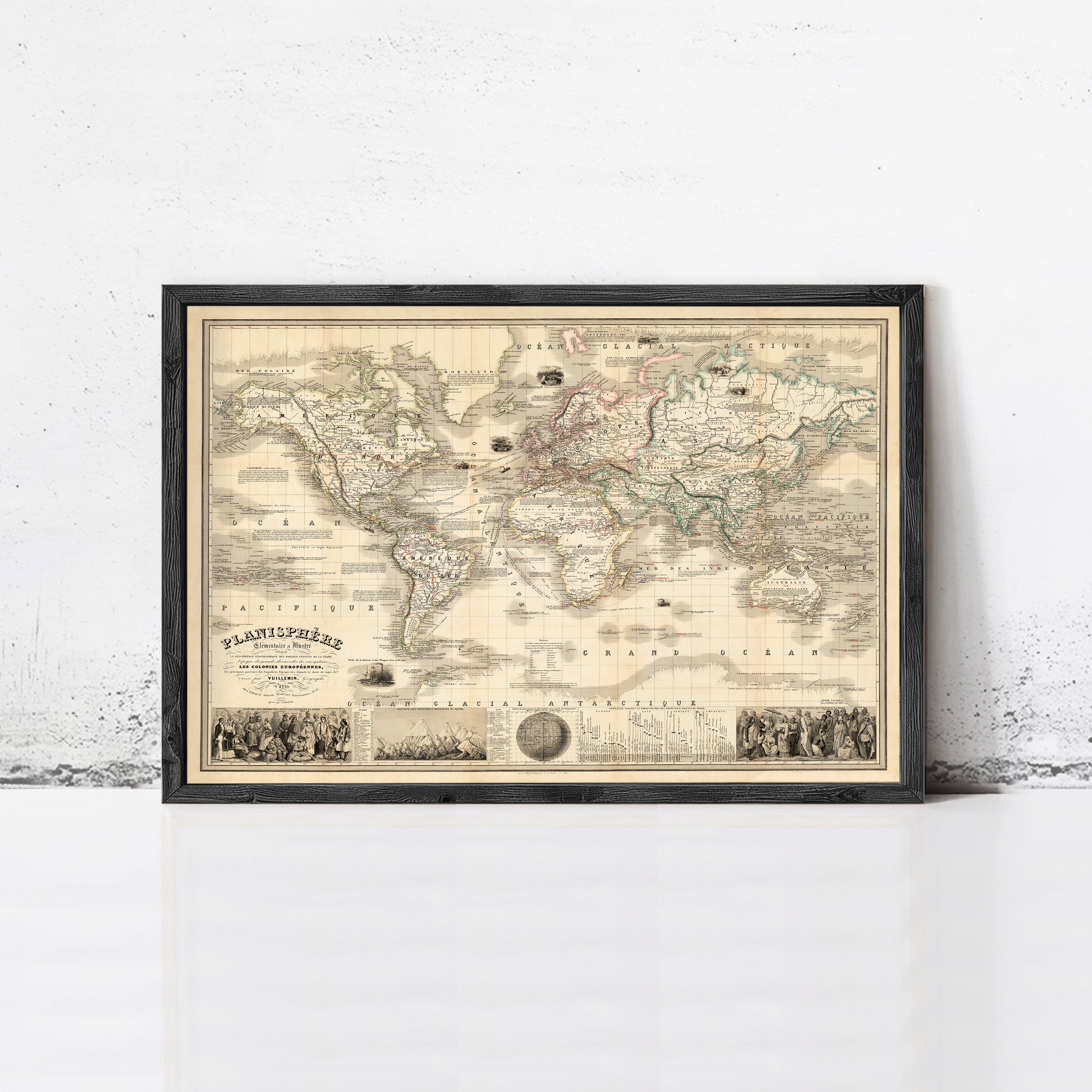 The image is a framed vintage map of the world, depicting various countries and regions in a detailed and intricate manner.