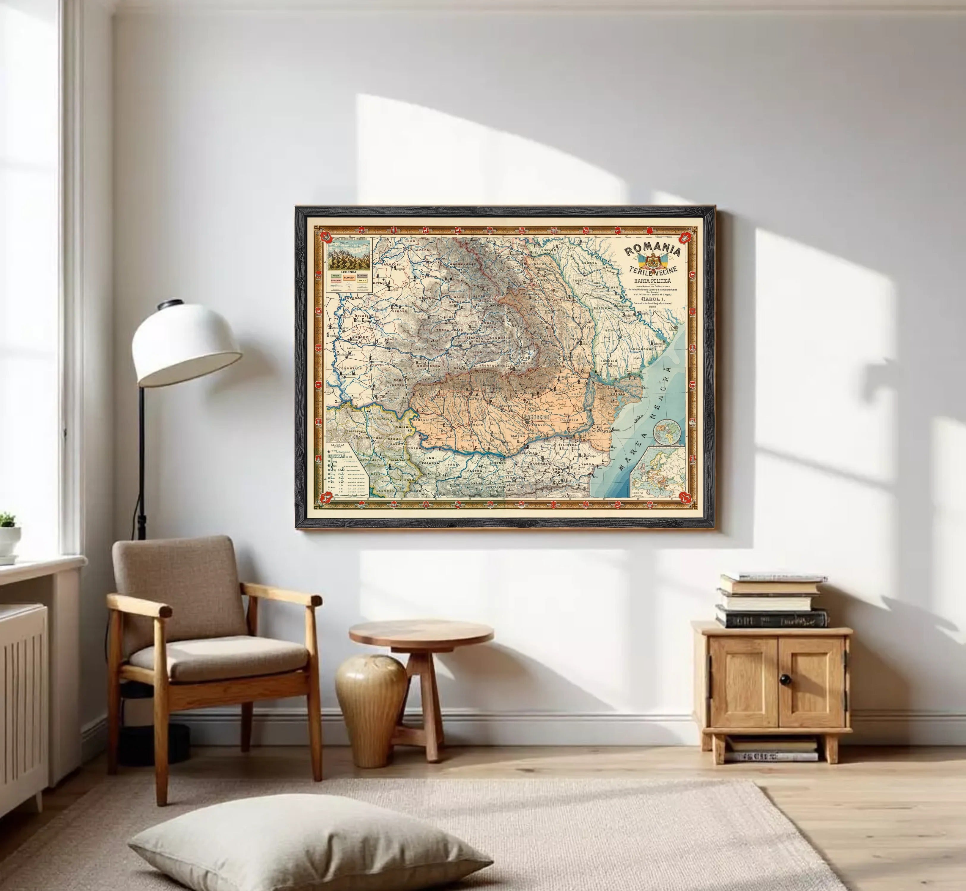 The image is a framed map of Romania, depicting the country's geographical layout and various regions.
