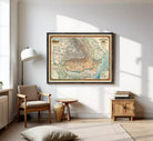 The image is a framed map of Romania, depicting the country's geographical layout and various regions.
