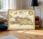 The image is a framed vintage map of the Caribbean Sea, including the Bahamas, Cuba, and the North and South Seas.