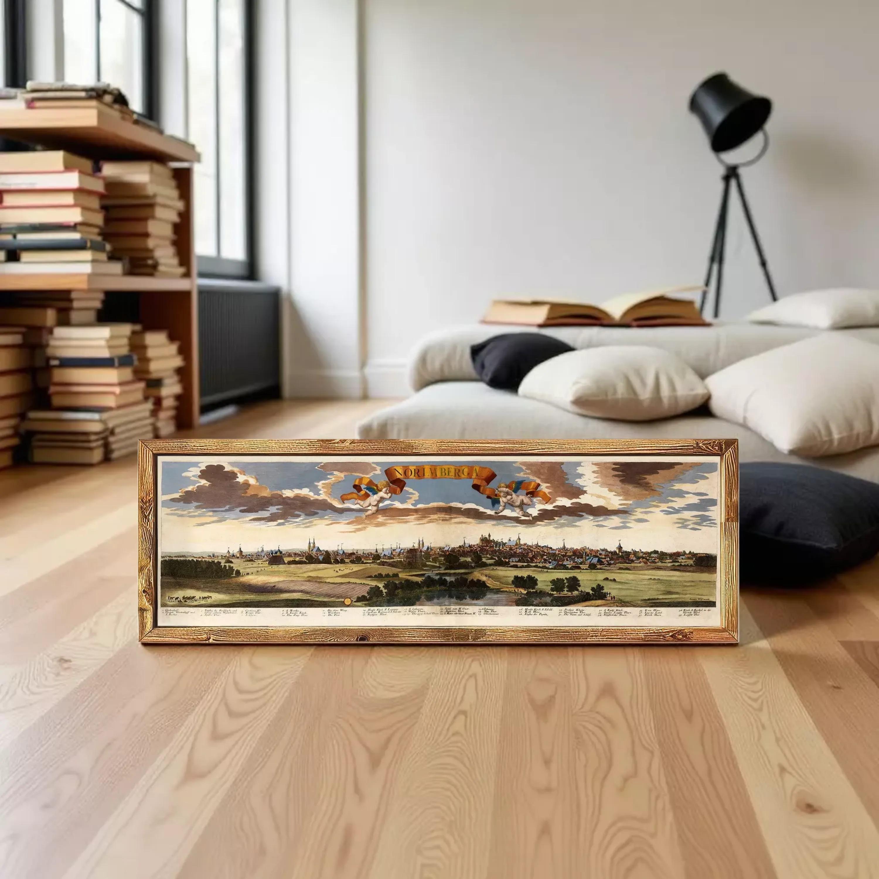A framed painting depicting a cityscape with a cloudy sky and birds in flight.