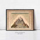 The image is a framed art print depicting a detailed map of a mountainous landscape, with various peaks, valleys, and other geographical features.