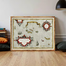 The image is a framed print featuring a map with various illustrations and text.