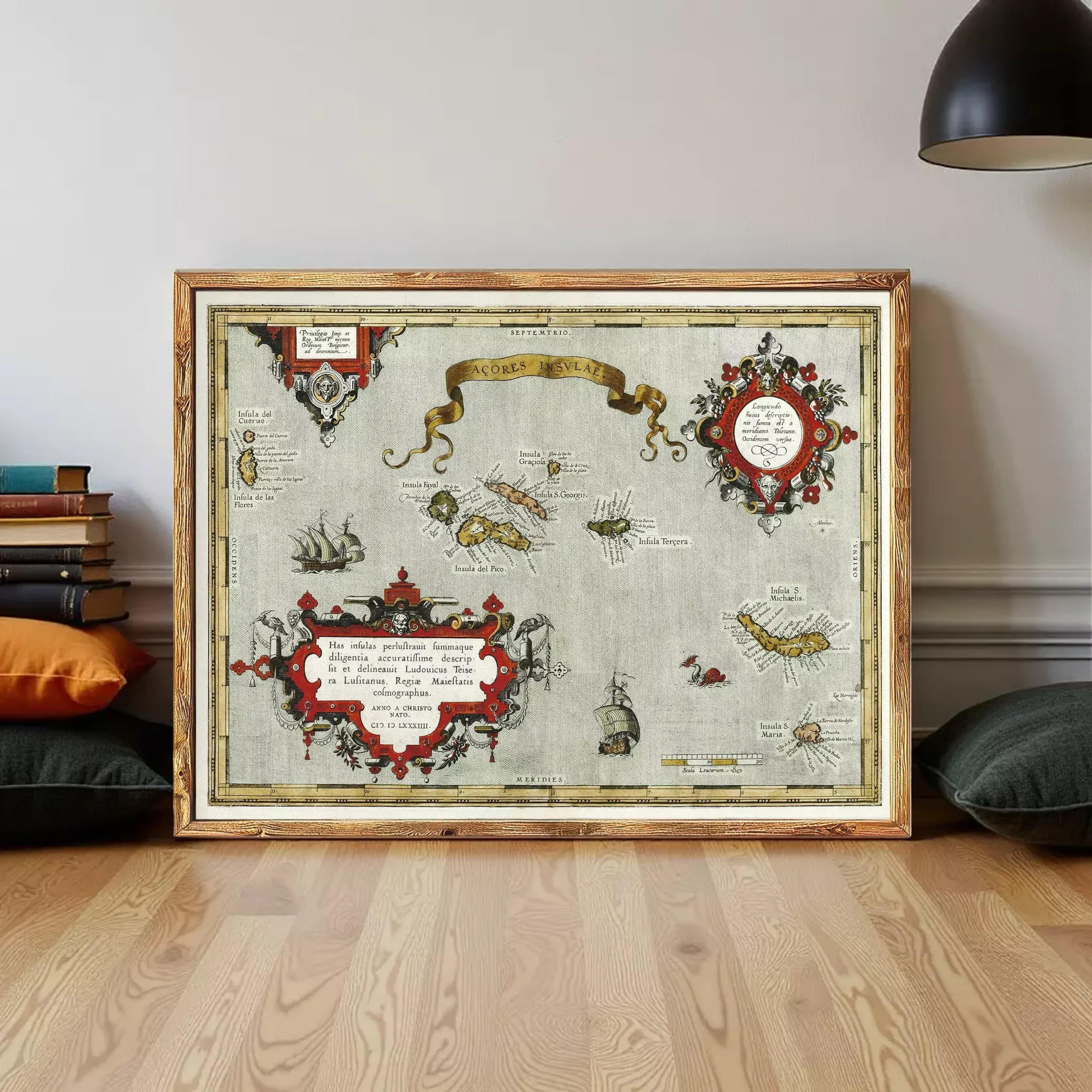 The image is a framed print featuring a map with various illustrations and text.
