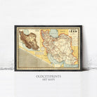 The image is a framed vintage map of Iran, depicting the country's geographical layout and surrounding areas.
