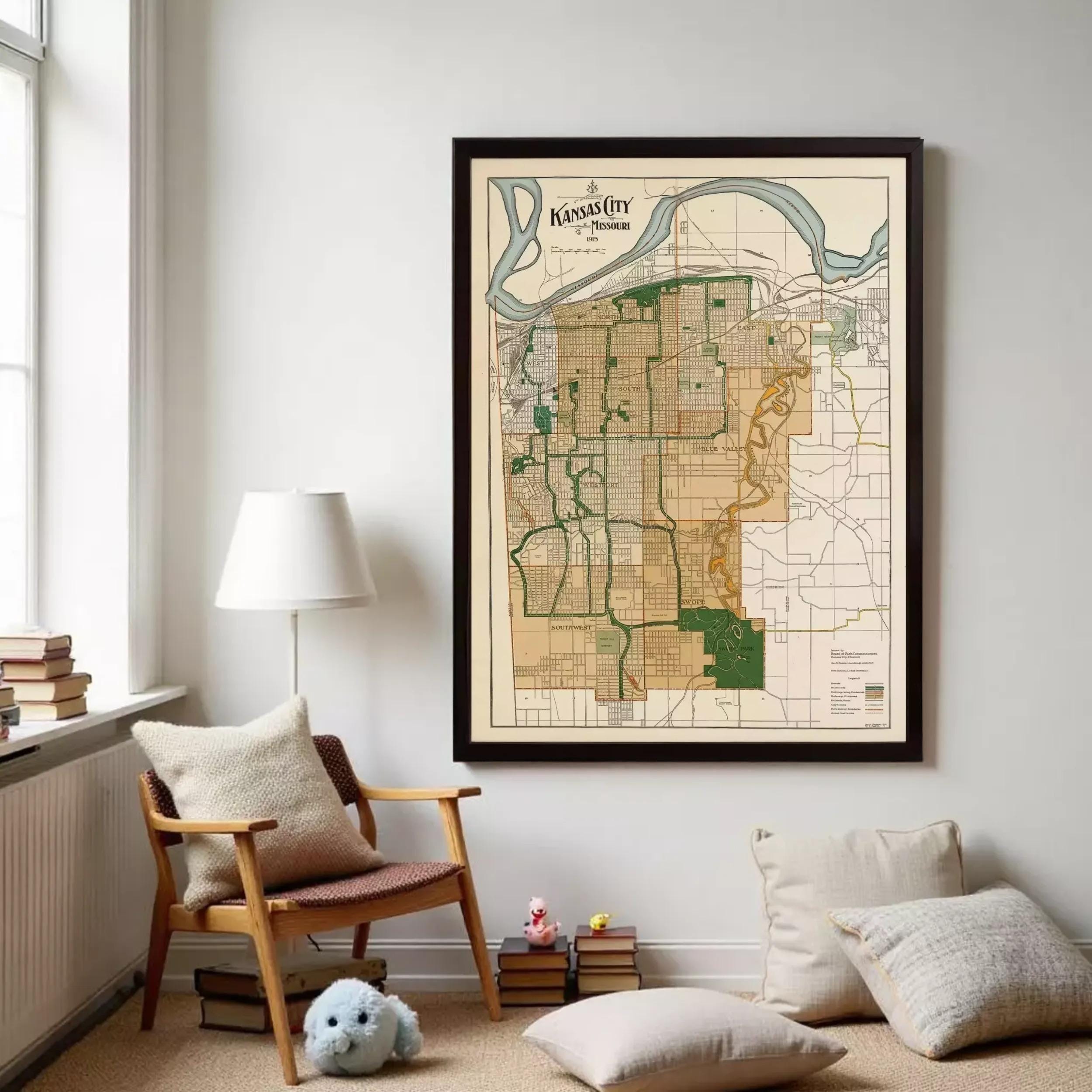 a framed map of Kansas City, Missouri, hanging on a wall in a cozy living room setting.