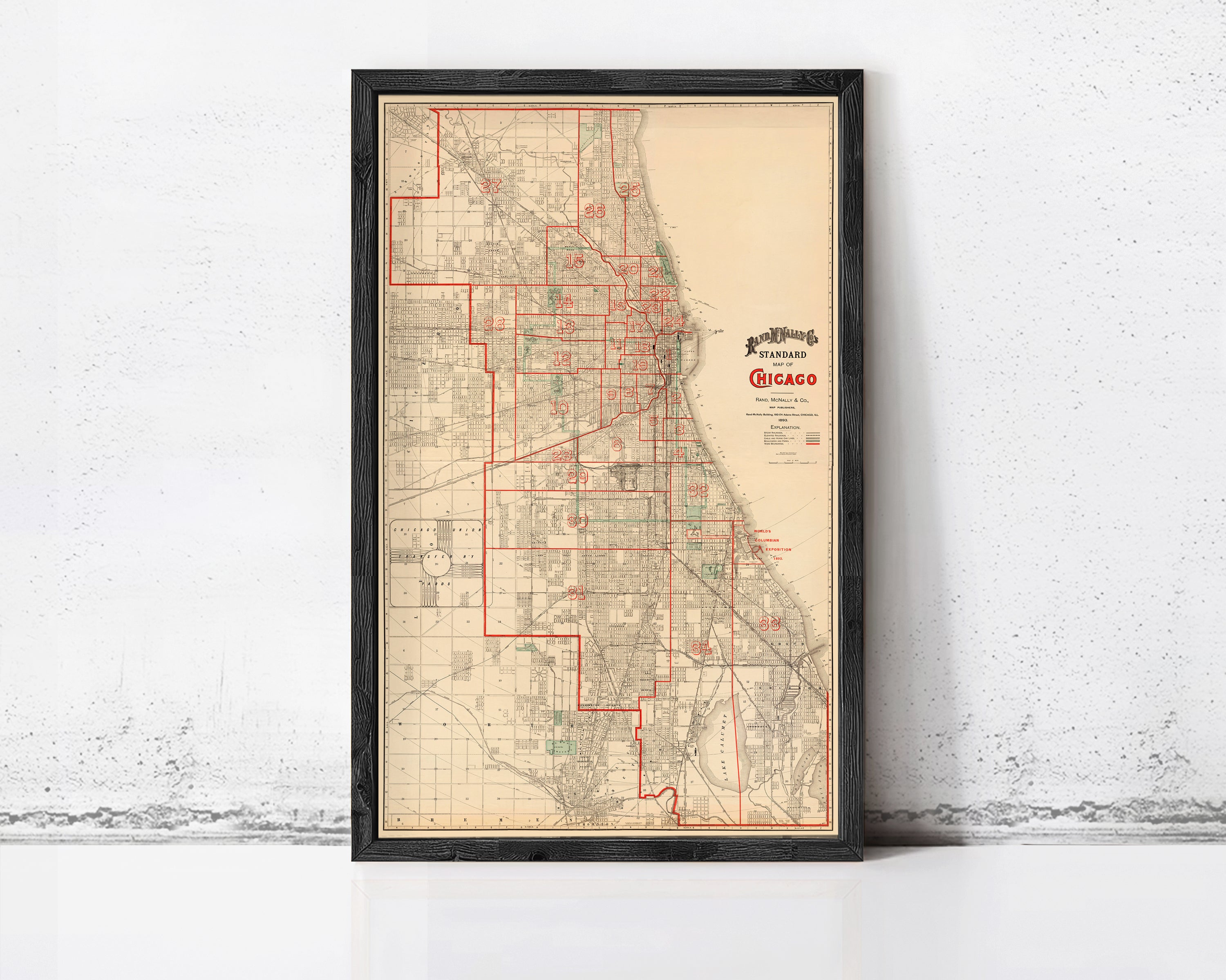 The image is a framed vintage map of Chicago, Illinois, United States.