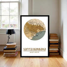 A framed map of Santa Barbara, California, with the text "Santa Barbara 34°25' 42°51" and a small illustration of the city.
