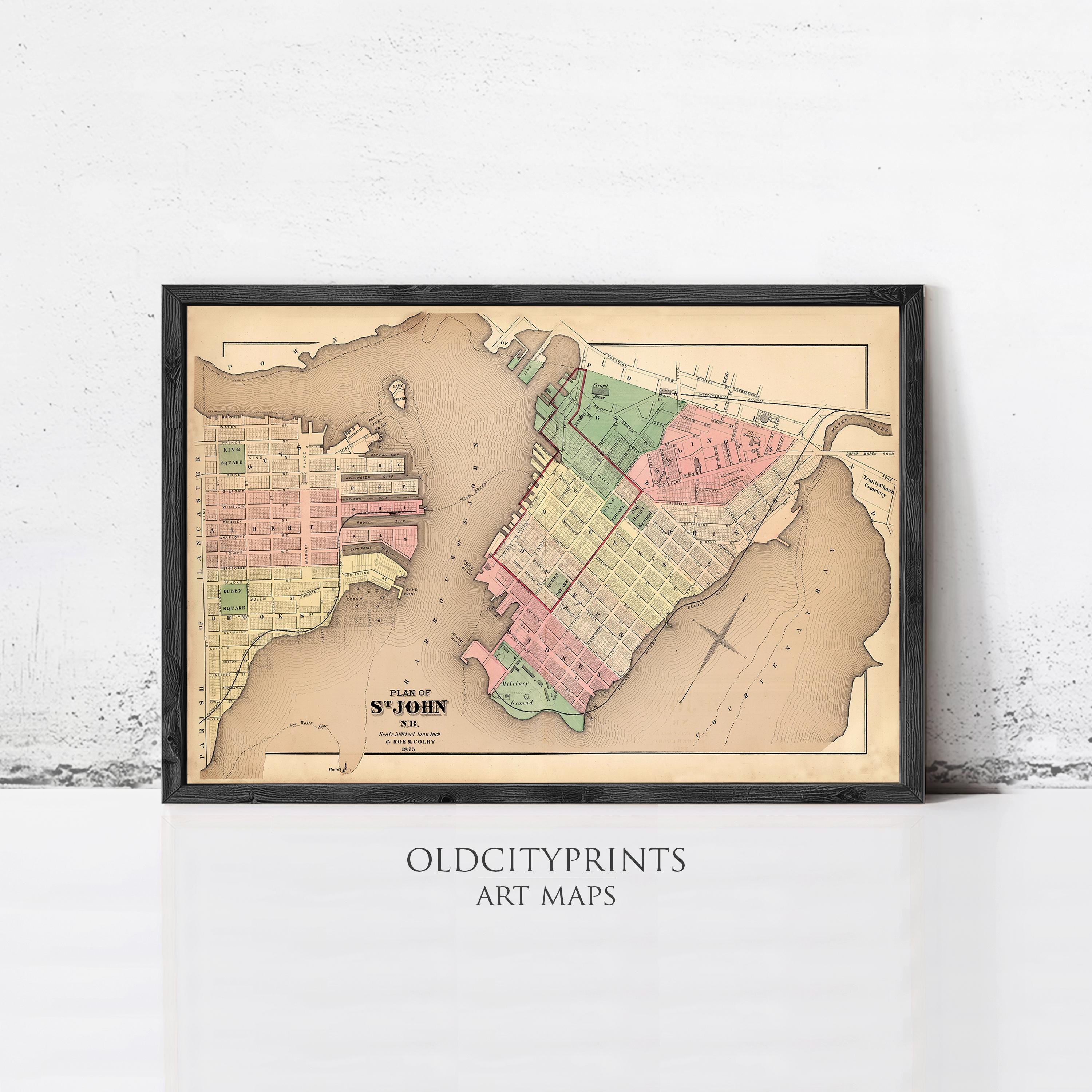 The image is a framed vintage map of a city, likely New York, with a black border and a beige background.